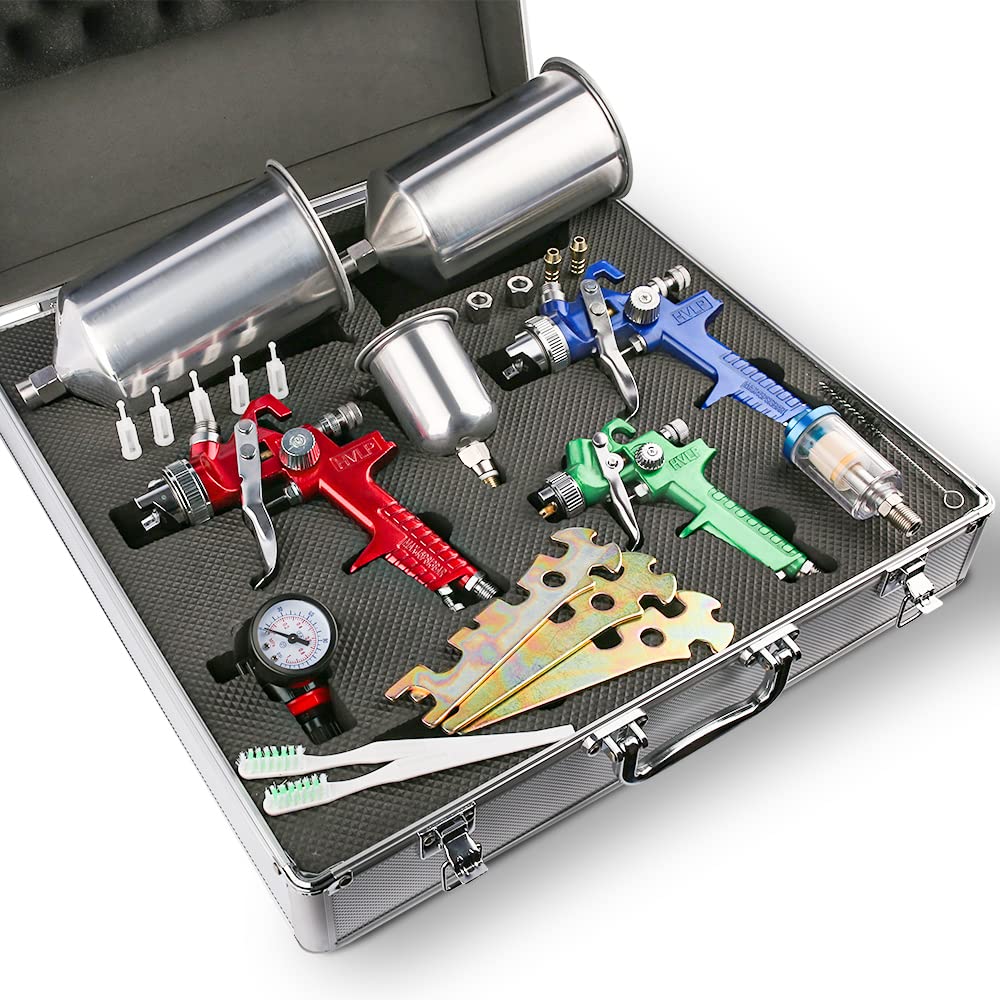 ETOSHA 3-Piece HVLP Spray Gun Kit with Air Regulator - 1.0mm, 1.4mm & 1.8mm Nozzle Set for Auto Painting, Furniture Refinishing & DIY Projects - Includes Paint Cups & Maintenance Tools for Professional Finish