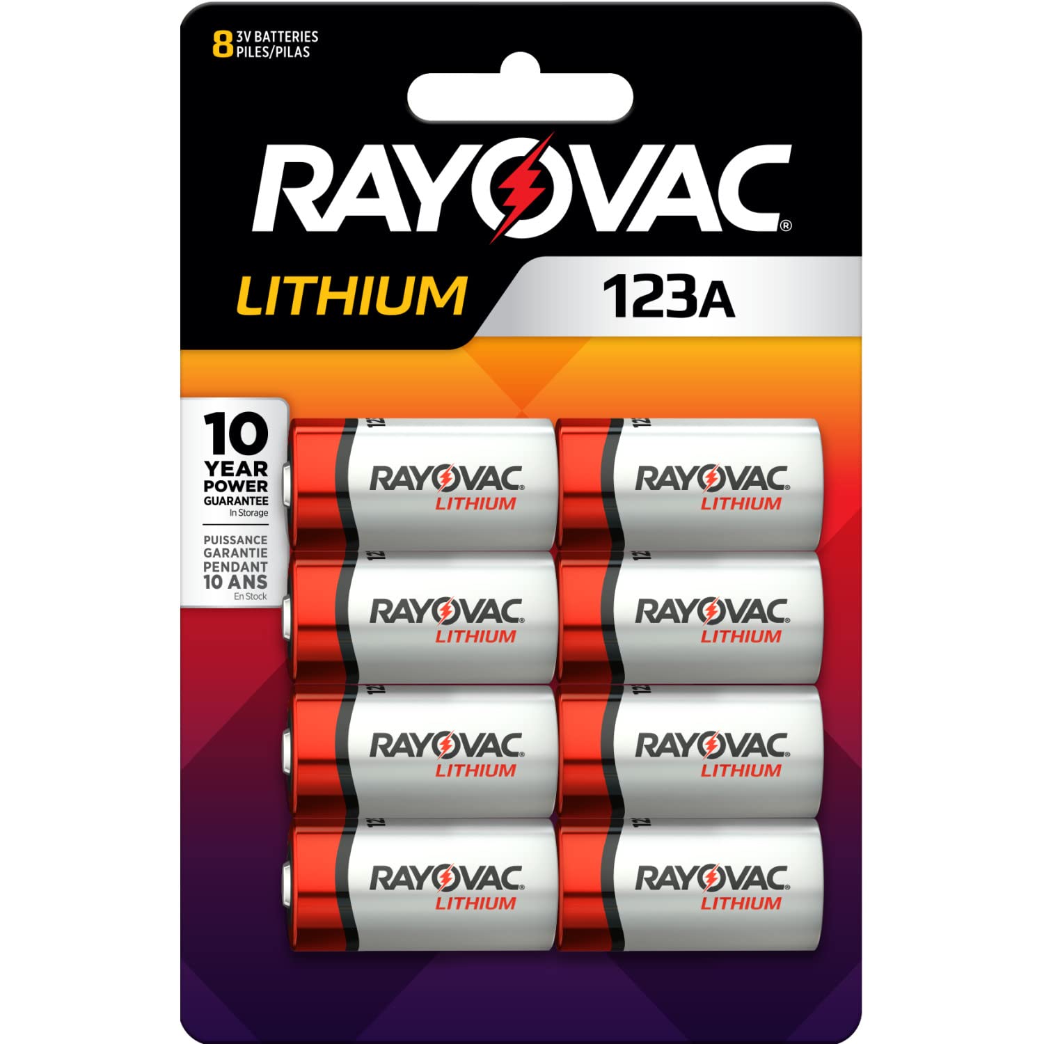 Rayovac 123A 3V Lithium Batteries - 8 Pack for Digital Cameras, Flashlights & Security Devices | Long-Lasting Power for Photography & Emergency Use