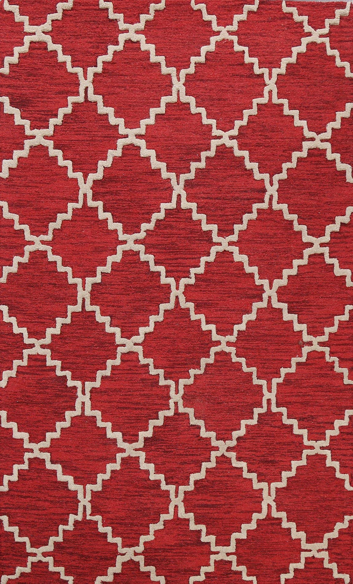 Premium Red Trellis Area Rug - 5x8 Feet Hand-Tufted Wool Carpet for Living Room, Bedroom & Dining Room - Non-Slip Soft Floor Mat Home Decor (5'0