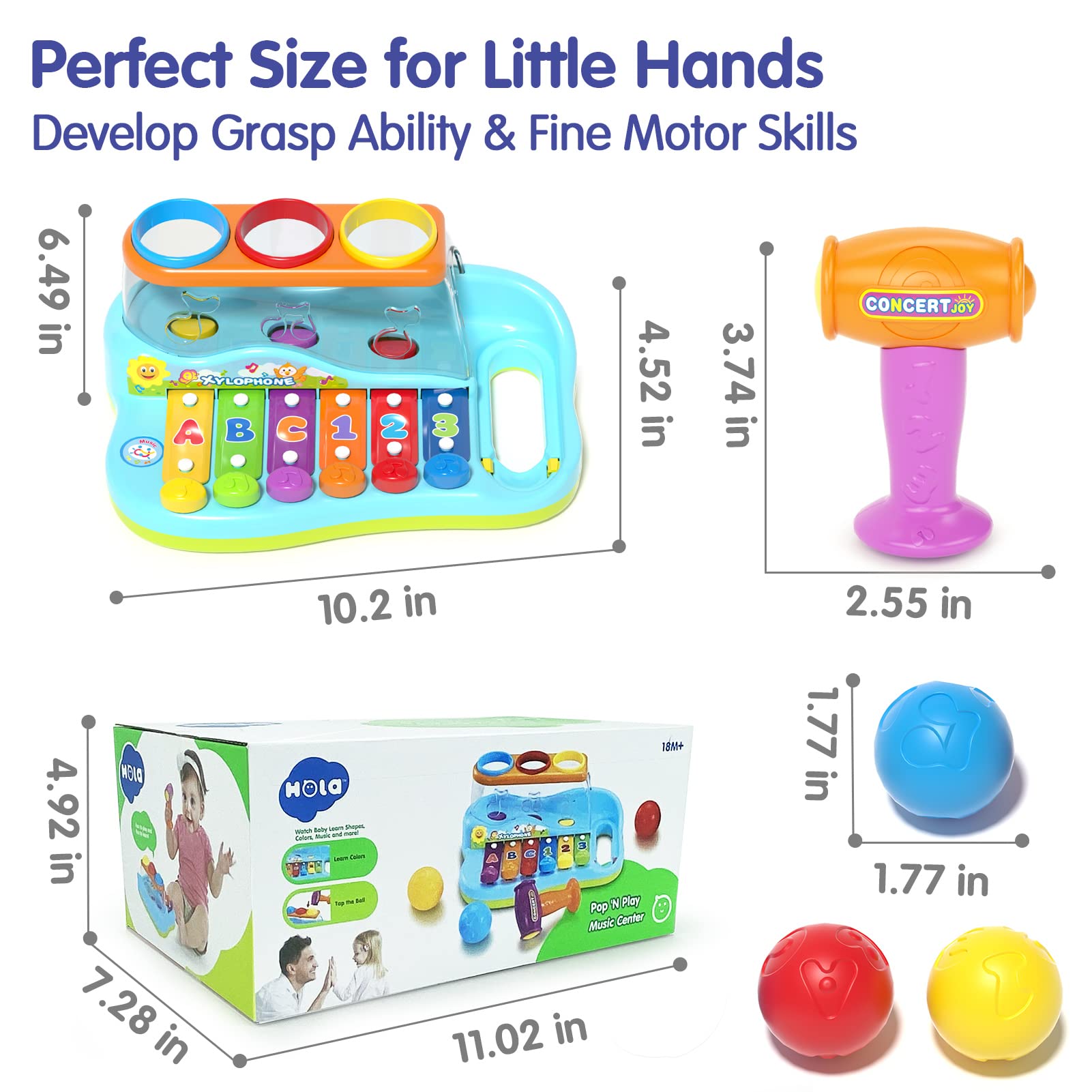 HOLA Pound & Tap Hammer Xylophone Toy for 1-3 Year Old Boys & Girls - Best Birthday Gift for 1 Year Old Baby | Early Learning Musical Instrument for Toddlers 12-18 Months | Perfect Easter Basket Stuffer & Educational Toy for Preschoolers (Playtime, Music Development, Sensory Learning)
