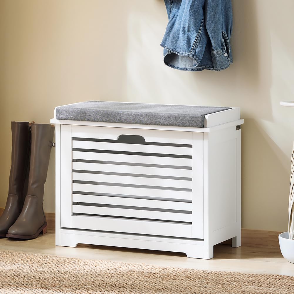 SoBuy Small Storage Bench with Seat Cushion - Narrow Shoe Cabinet with 1 Drawer for Entryway, Apartment, Living Room - White (FSR184-K-W) - Perfect for Organizing Shoes, Hats & Accessories in Small Spaces