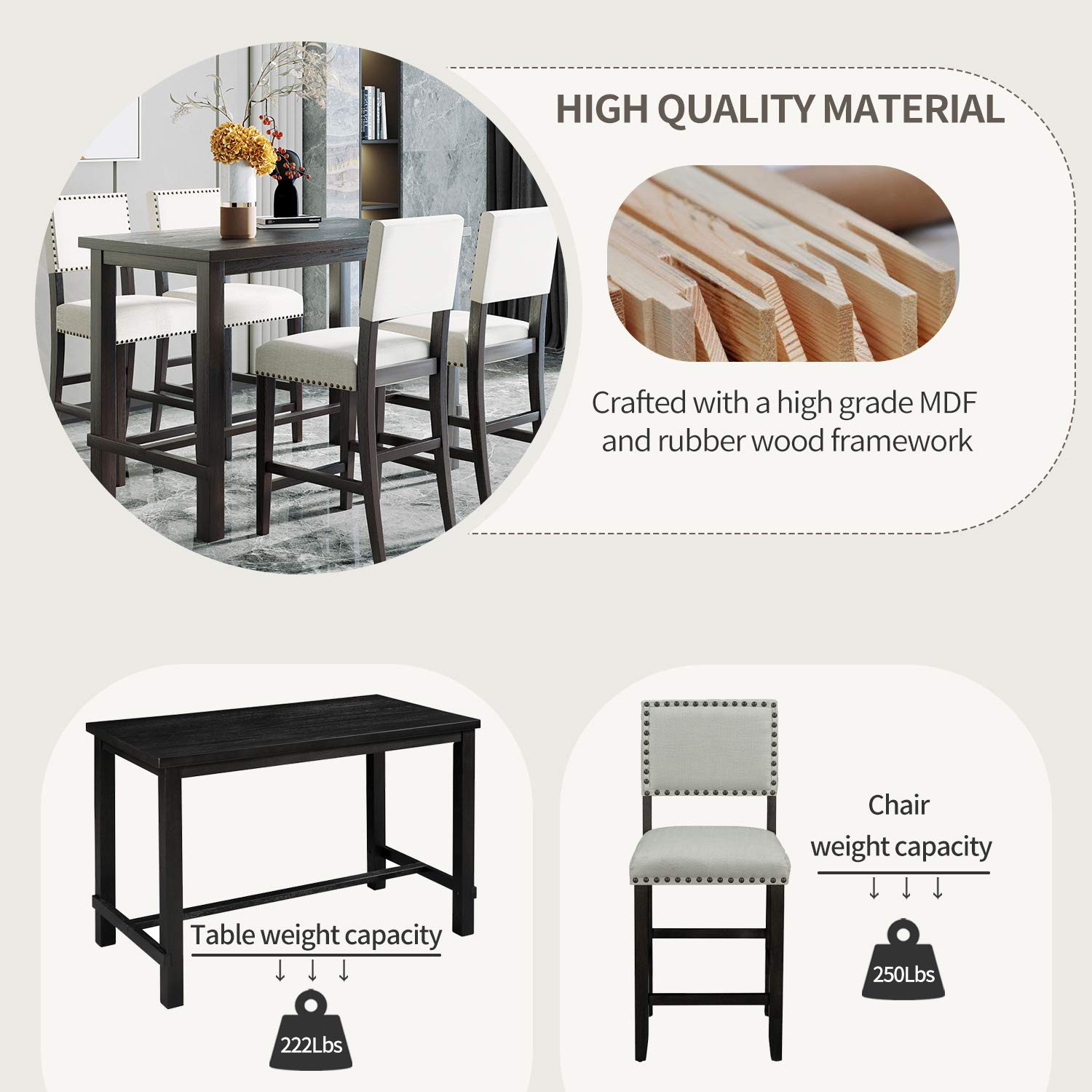 5-Piece Counter Height Dining Set with Rectangle Table & 4 Cushioned Chairs - Compact Kitchen Table Set for Small Spaces, Living Room or Apartment - Beige Modern Furniture for Family Meals & Entertaining Guests