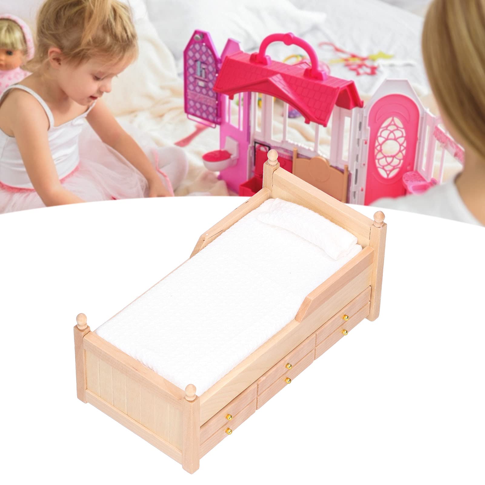 1/12 Scale Mini Baby Doll Bed - Elegant Birch Wood Dollhouse Furniture with Full Accessories | Perfect for American Girl Dolls, Barbie & Collectible Dolls | Ideal for Playrooms, Nursery Decor & Dollhouse Displays