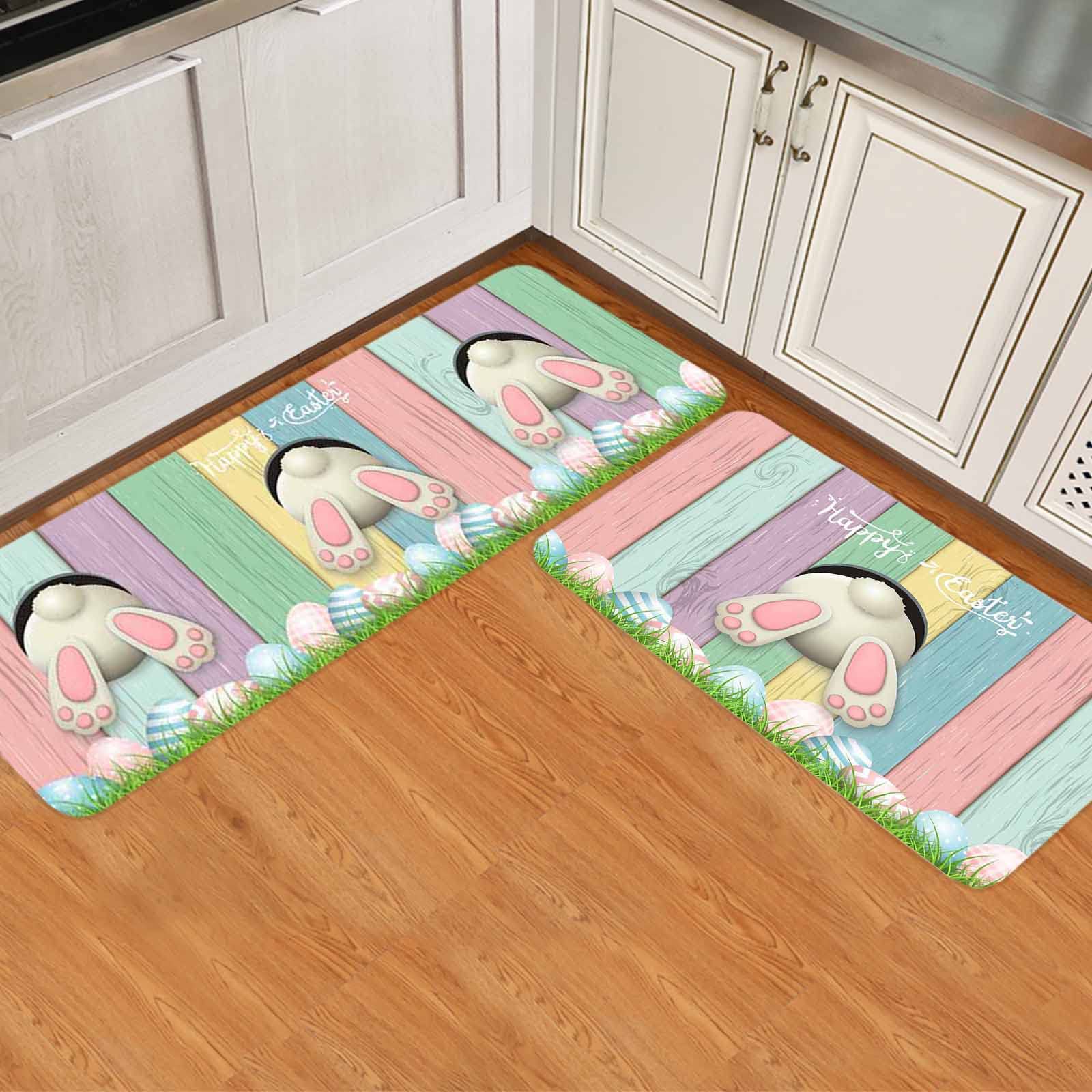 Easter Bunny Tail Non-Slip Kitchen Rugs Set of 2 - Colorful Wood Plank Design Washable Runner Mats for Easter Decor (20