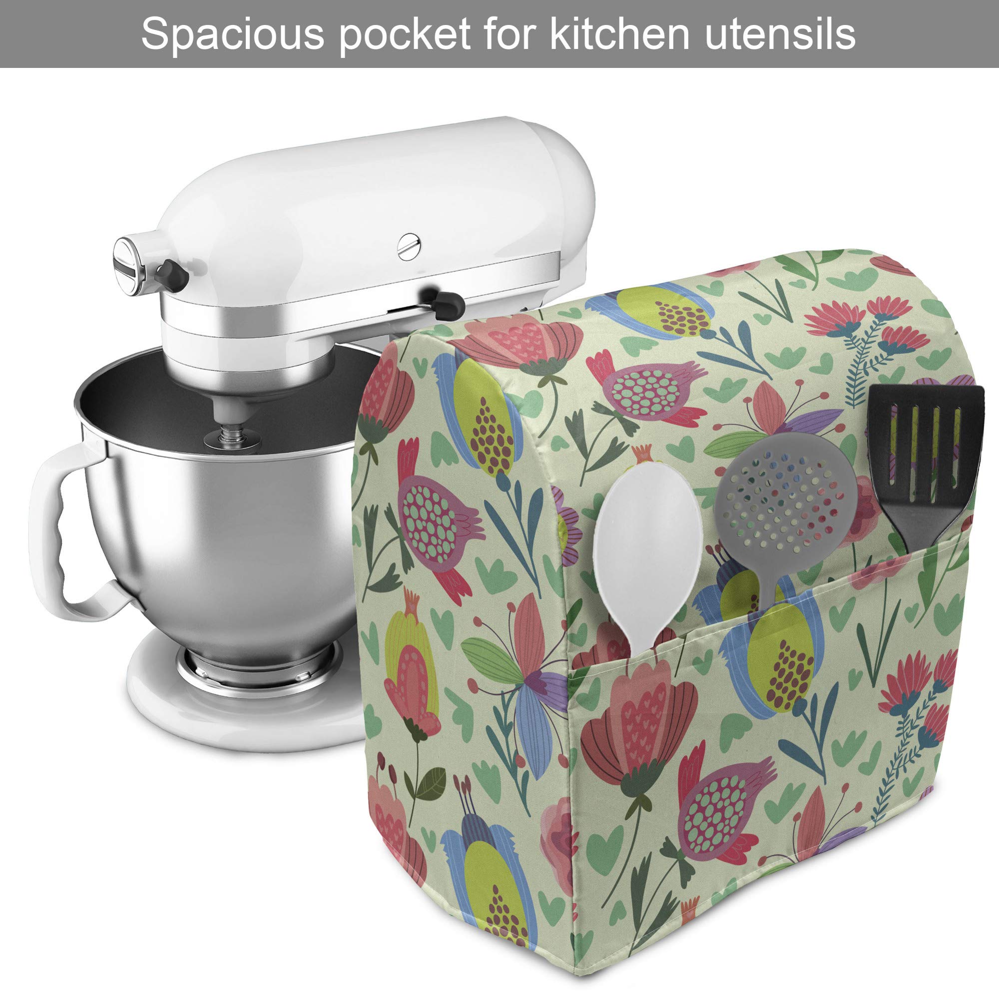 Ambesonne Dutch Stand Mixer Cover - Floral Doodle Blooming Tulips on Pale Green, Kitchen Appliance Organizer with Pocket (Fits 6-8 Quarts) | Perfect for Kitchen Organization & Mixer Protection