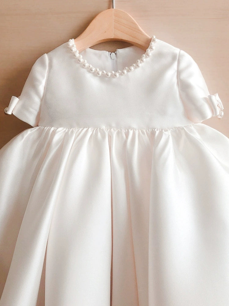 White Princess Round Tea Length Satin Flower Girl Dress for Weddings & Special Occasions - Perfect for Bridal Parties, First Communion & Formal Events