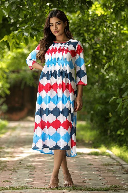 SootiSyahi 'Valley Of Flower' Handmade Block Printed Cotton Dress - Boho Chic Floral Summer Dress for Women, Perfect for Beach Vacations & Outdoor Festivals