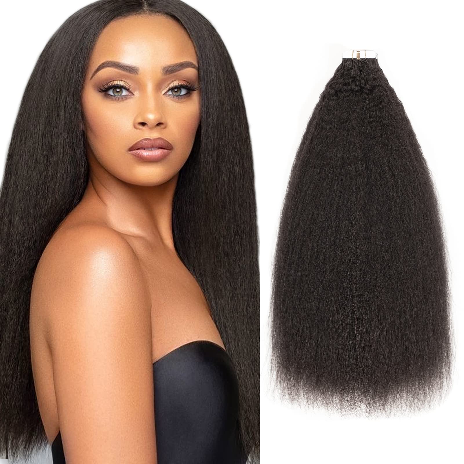 Loxxy 16Inch 40pcs 100g Black Tape-in Hair Extensions - Human Hair Kinky Straight Textured Seamless Remy Tape-in Extensions for Black Women | Double Sided Full Head Weft | Perfect for Protective Styling, Volume Boosting & Everyday Wear
