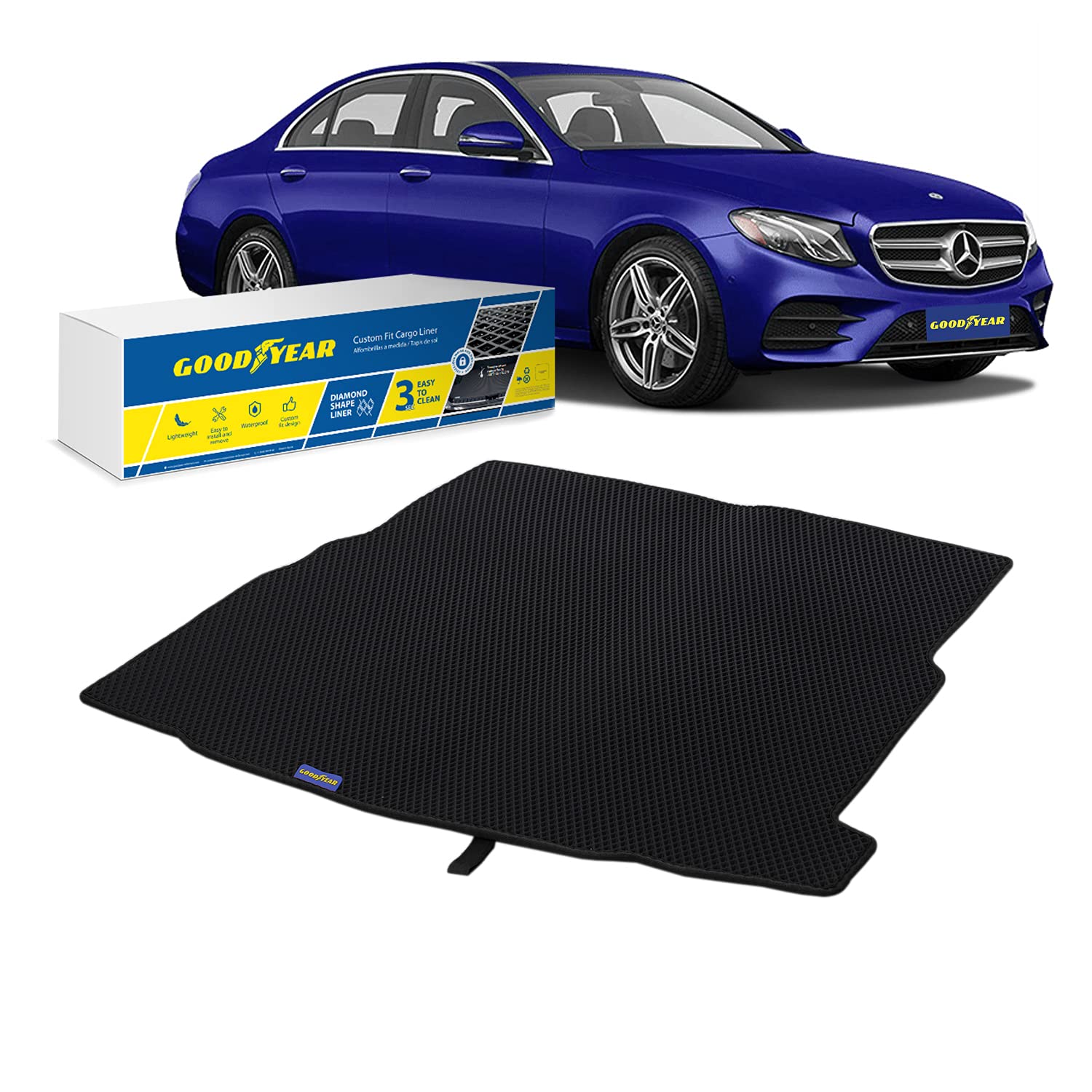Goodyear Custom Fit Cargo Mat Liner for Mercedes E-Class 2017-2022 Sedan - Heavy Duty Trunk Protector with Diamond Pattern, Waterproof & Anti-Slip Technology - Perfect for Road Trips, Grocery Hauling and Everyday Use - GY004550