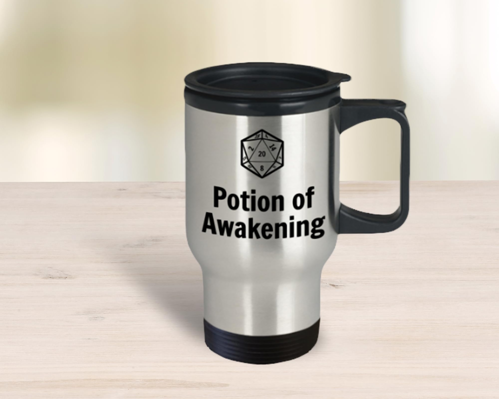 DnD Potion of Awakening D20 14oz Travel Mug - Insulated Novelty Coffee Cup for Dungeons & Dragons Fans | Perfect for Gaming Sessions, Fantasy Lovers & Geek Gifts