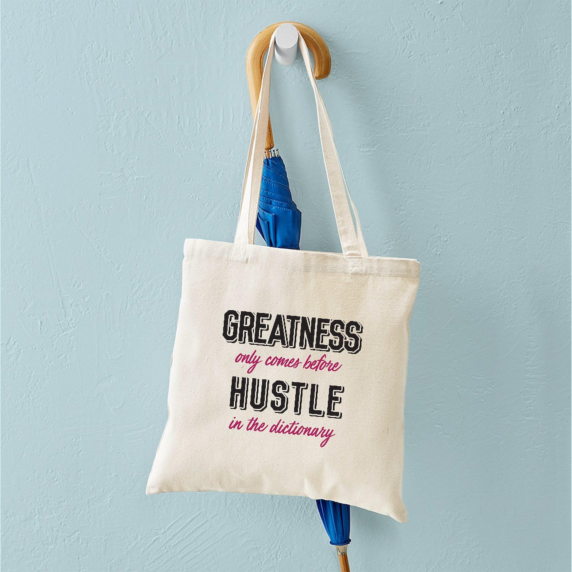 Greatness Comes Before Hustle Natural Canvas Tote Bag - Reusable Eco-Friendly Shopping Bag for Groceries, Beach, Work & Daily Use
