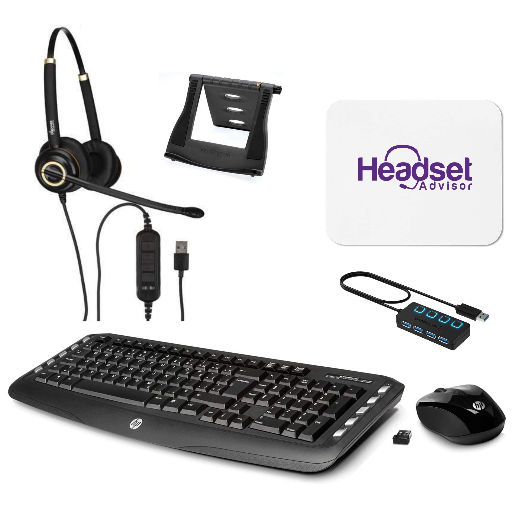WFH Essentials Bundle: Discover D712U USB Headset, Wireless Keyboard & Mouse, 4-Port USB Hub, Laptop Stand & Mouse Pad | Perfect for Remote Work, Home Office & Video Conferencing