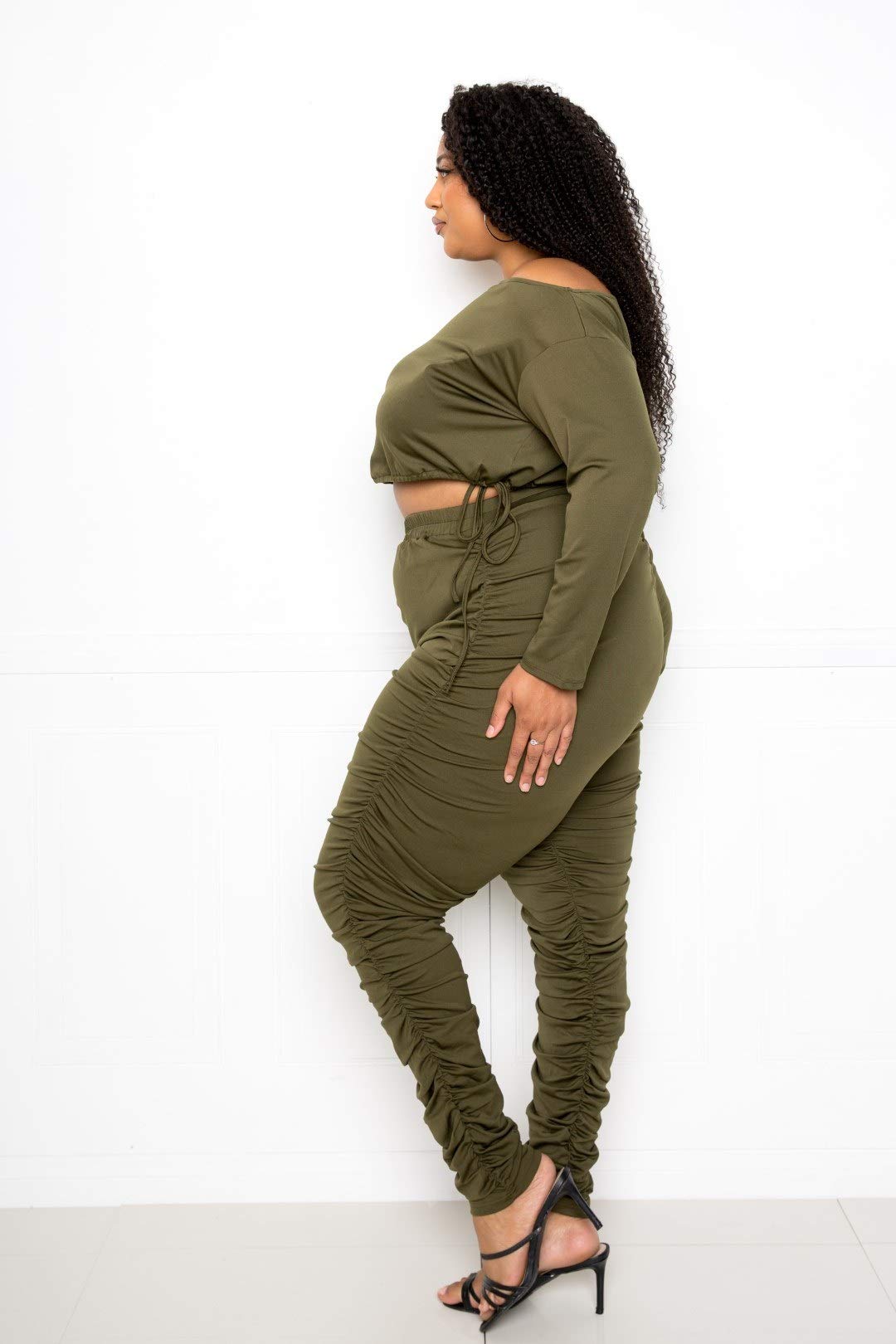 Off Shoulder Cropped Top & Ruched Leggings Set - Olive Green 1XL Women's Workout Outfit for Yoga, Gym & Casual Wear