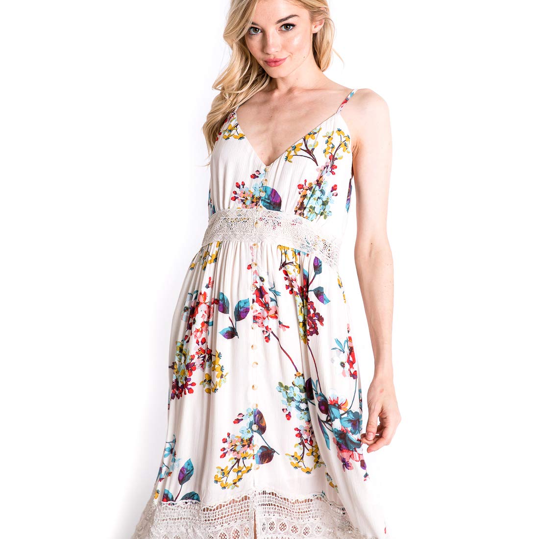 Cream Floral Maxi Sun Dress with Crochet Lace Detail & Spaghetti Straps - Medium Size | Boho Summer Beach Dress for Women, Perfect for Vacations, Weddings & Outdoor Parties
