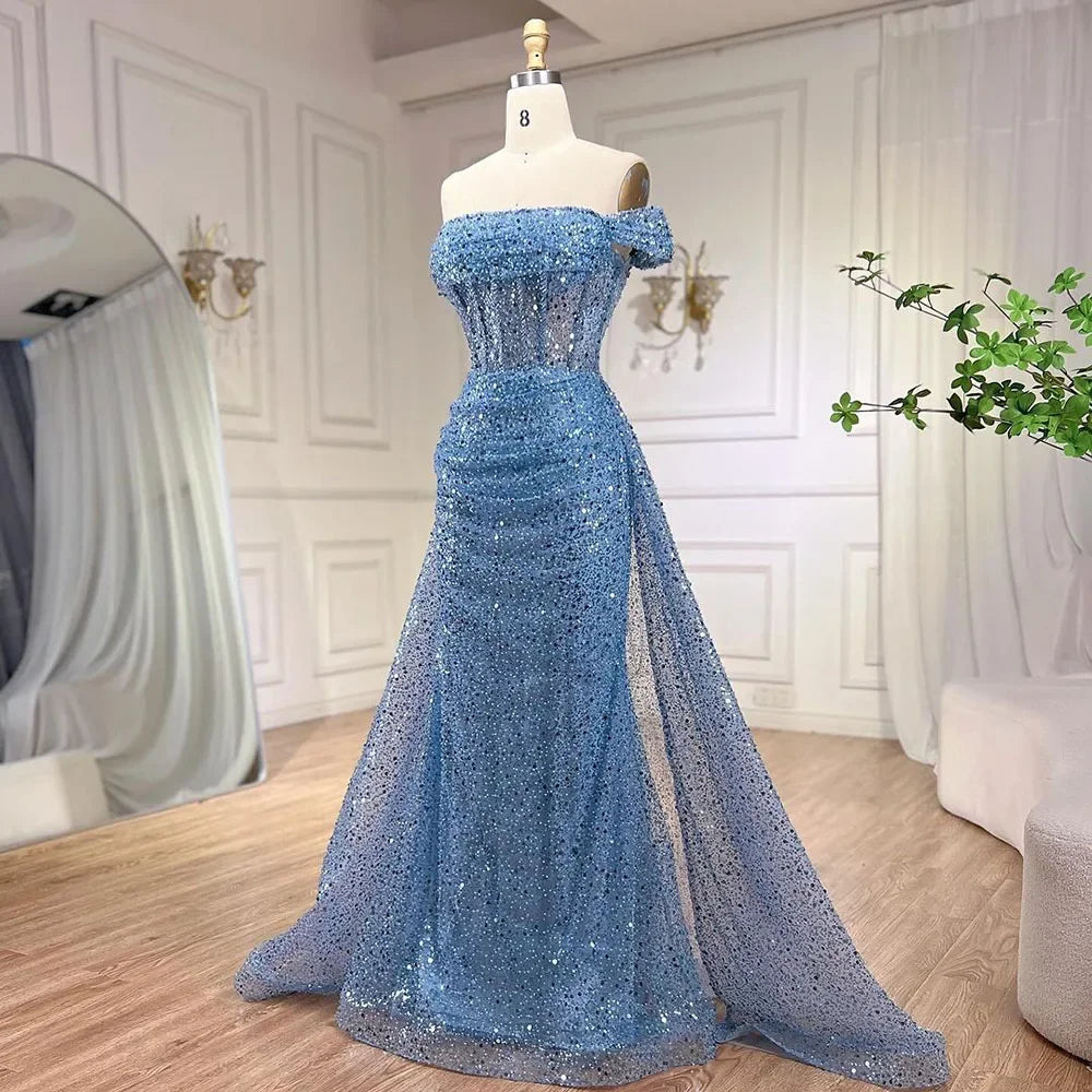Elegant Blue Mermaid Off-Shoulder Beaded Sequined Evening Gown with Overskirt for Women - Perfect for Prom, Party & Formal Events 2025 (LA72204)