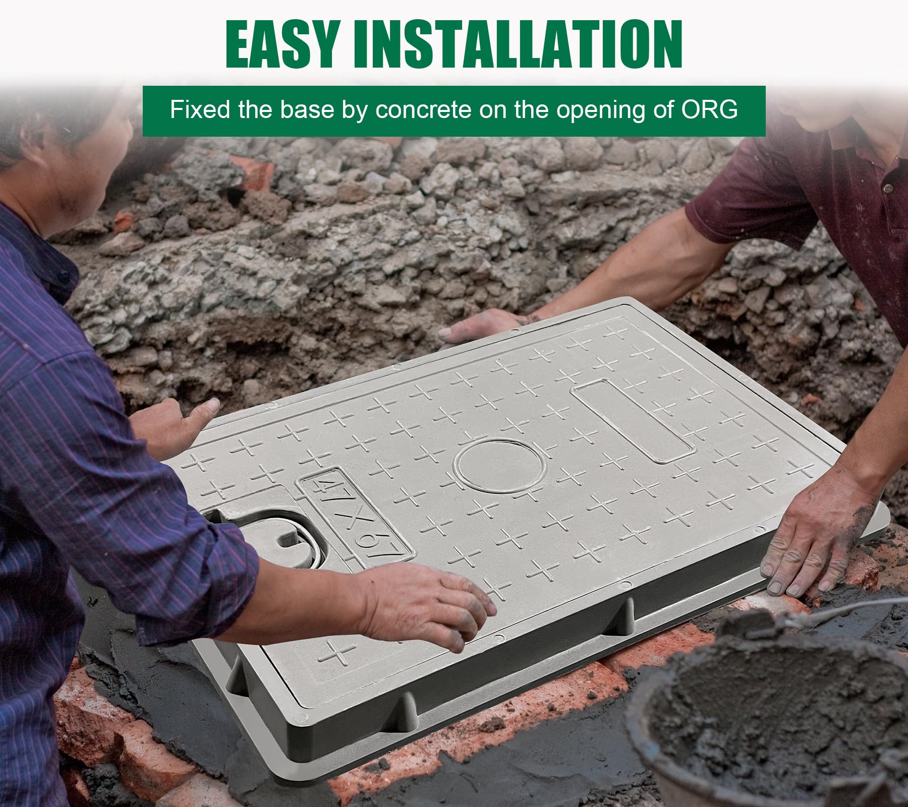 Fiberglass Septic Tank Cover and Frame 26x18 Inch - Heavy Duty Rectangle Manhole Cover with 22x14 Inch Clear Opening, 24x16 Inch Solid Top - Recessed Sewer Cover with Handle for Yard, Pavement, and Outdoor Drainage Systems - Perfect for Residential and Commercial Landscaping Projects