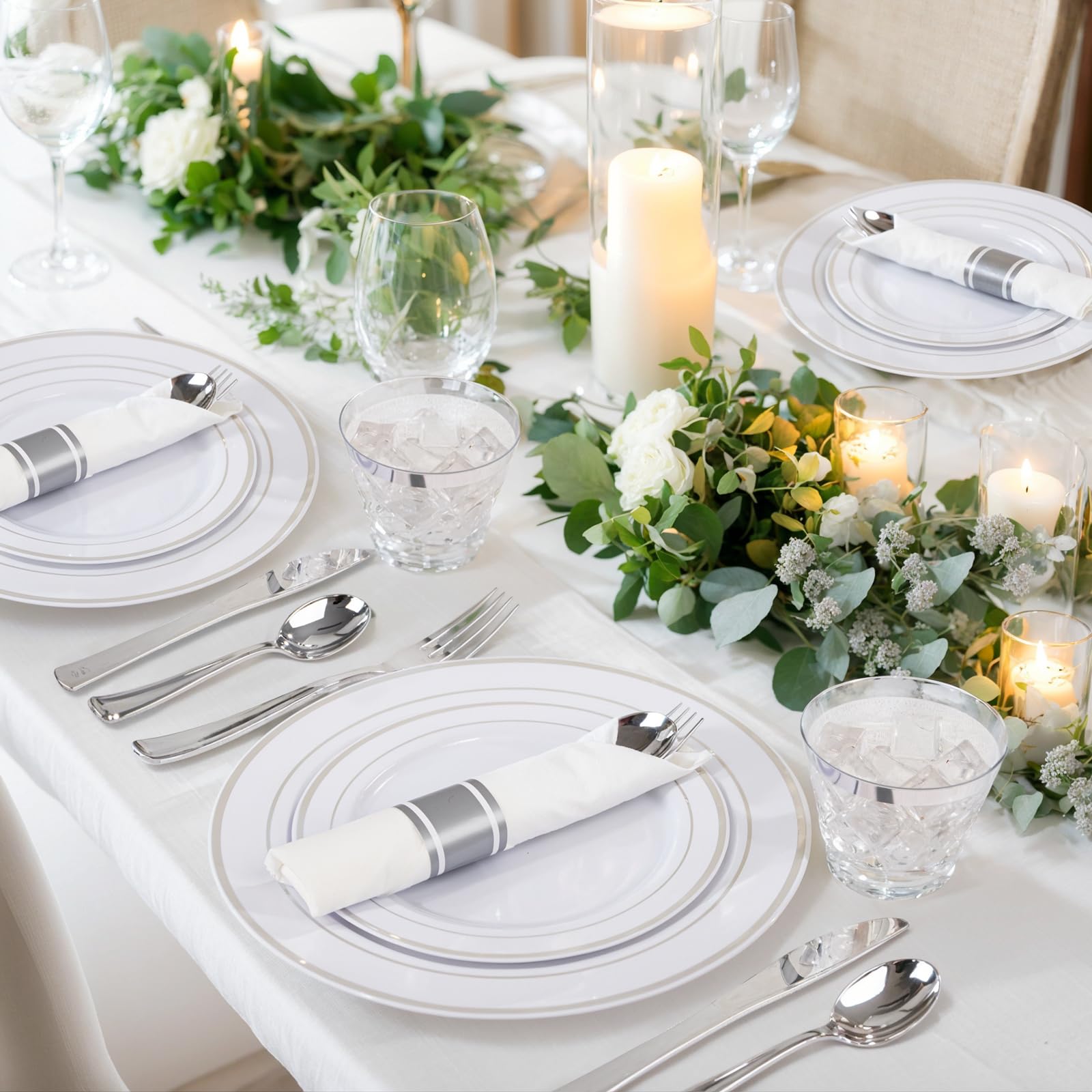 WELLIFE 350-Piece Silver Plastic Party Plates Set - Disposable Dinnerware for 50 Guests, Includes Plates, Cups & Napkins - Perfect for Birthday Parties, Weddings, BBQs & Events