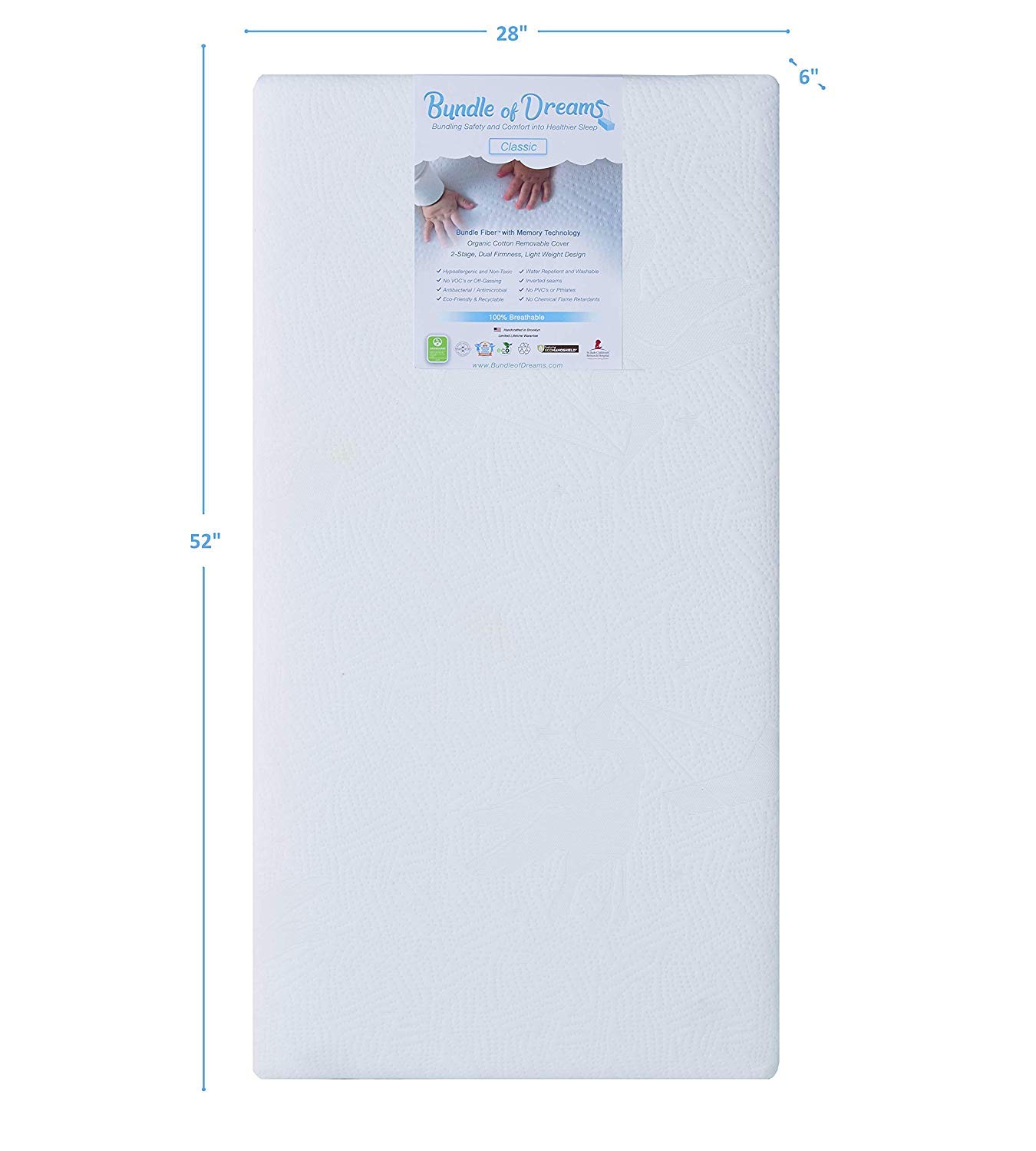 Bundle of Dreams Classic 2-Stage Crib & Toddler Bed Mattress - 100% Organic Cotton, Breathable, Hypoallergenic with Edge Support | Eco-Friendly Baby Bedding for Nursery & Daycare Use