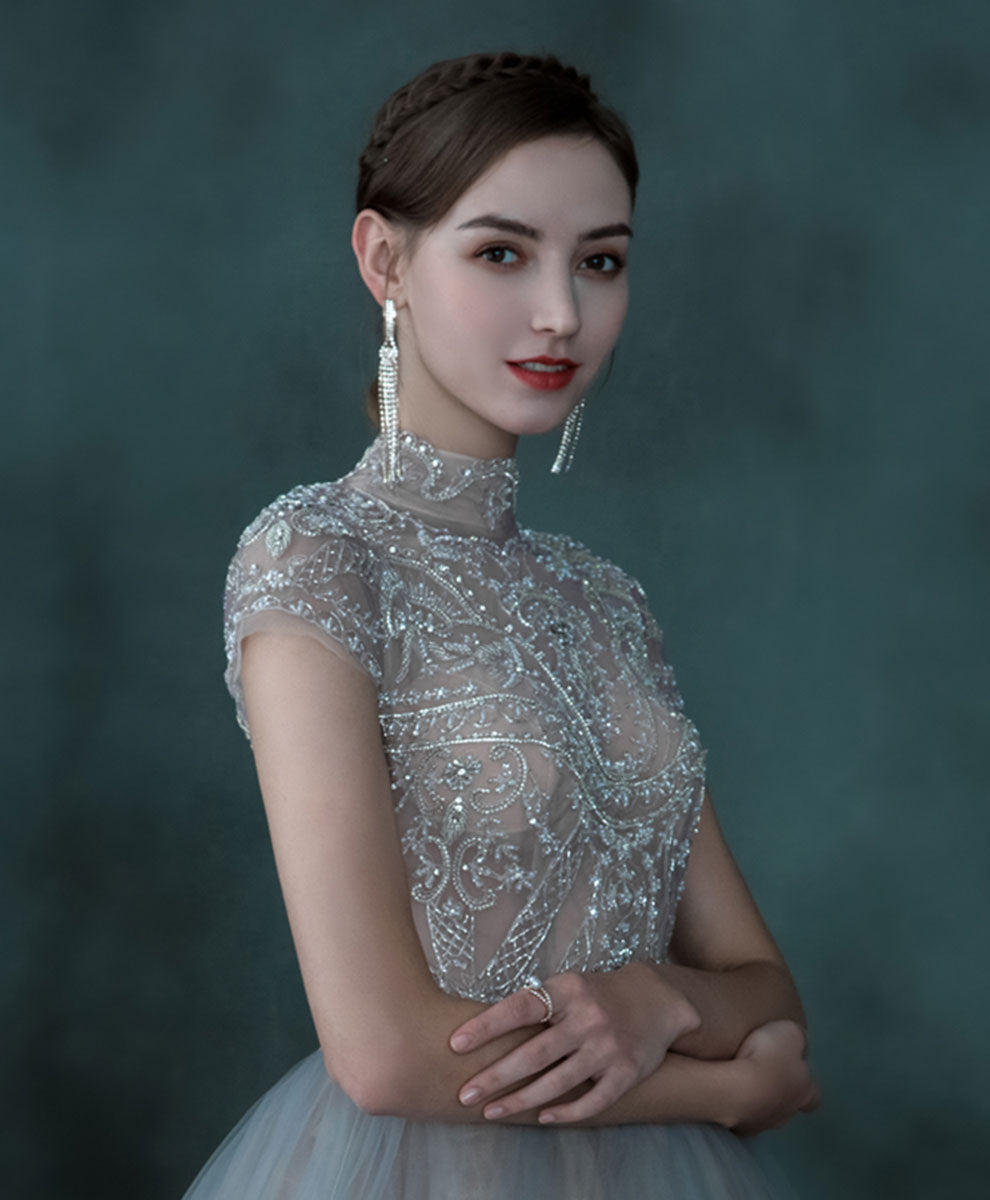 Elegant Blue Tulle Sequin Beaded Long Prom Dress - A-Line Evening Gown for Formal Events, Homecoming, and Special Occasions