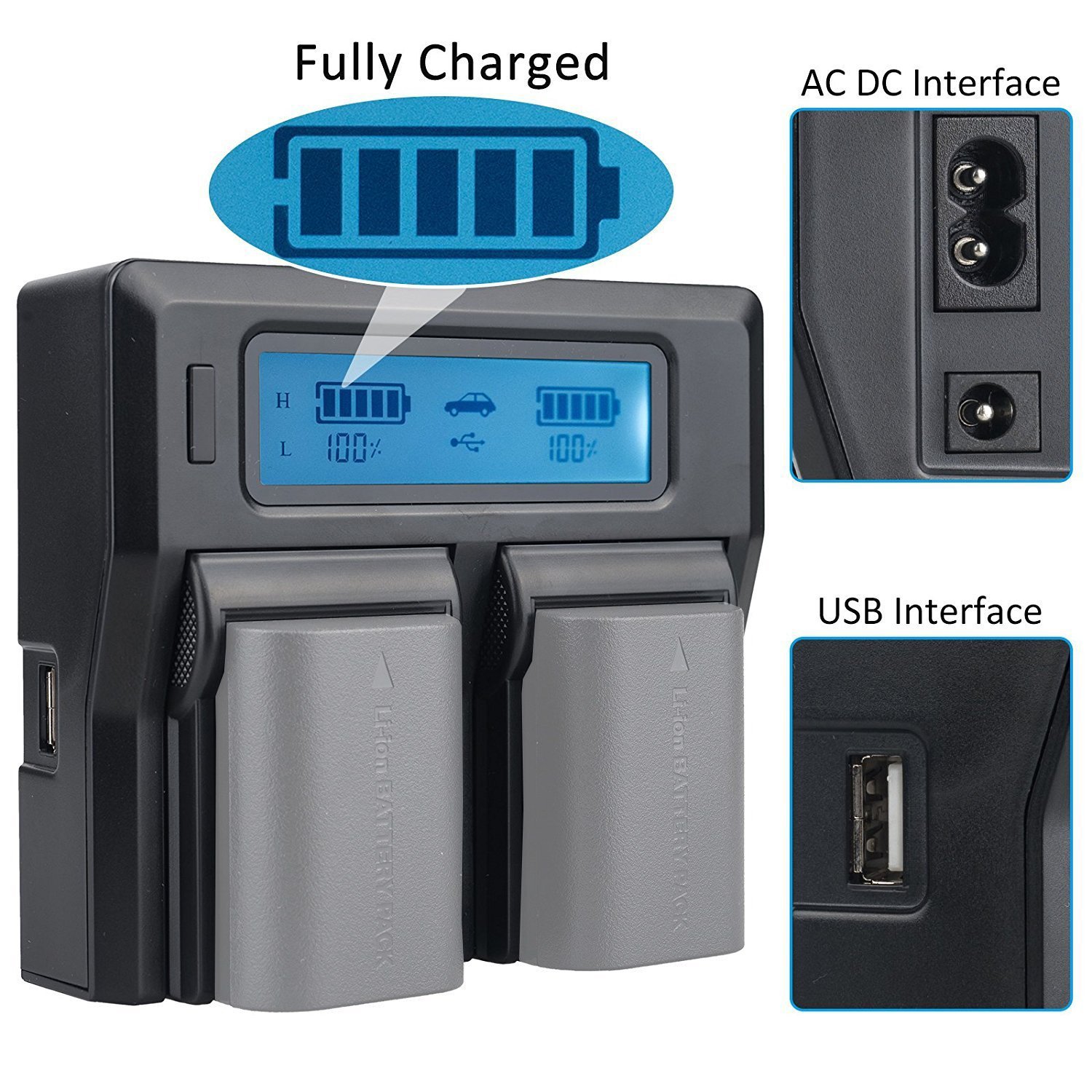 Fotga LCD Dual USB Battery Charger for Sony NP-F Series (NP-F550/F570/F750/F770/F950/F960/F970/FM50/FM500H/QM71/QM91/QM71D) - Compatible with VBD1/VBD2/V607u/V617u Camera Batteries - Perfect for Camcorders, DSLRs and Professional Video Equipment