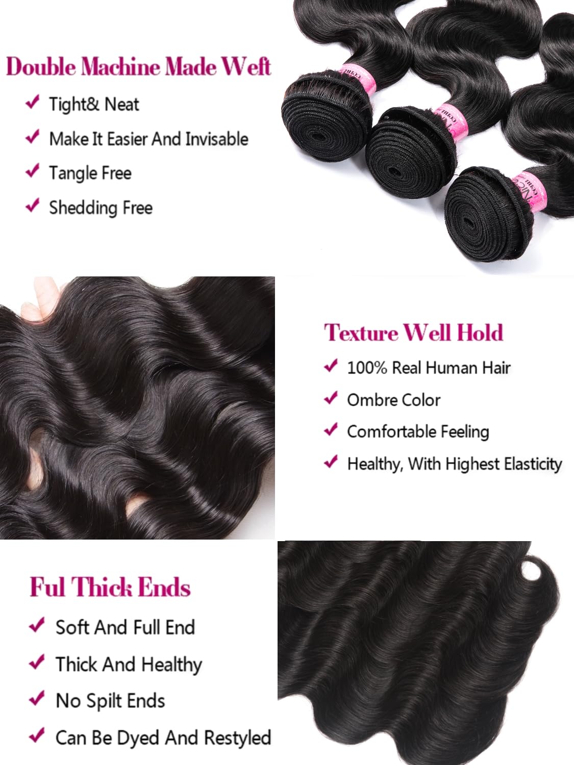 UNICE 100% Unprocessed Virgin Malaysian Body Wave Human Hair Weave - 3 Bundles (14/16/18 Inches) | Natural Color Sew-In Hair Extensions for Styling & Volume | Perfect for Daily Wear, Parties & Special Occasions