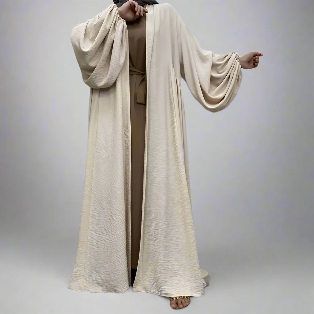 Stylish Elastic Puff Sleeve Muslim Women's Cardigan Open Abaya Dress - Perfect for Prayer, Modest Fashion & Everyday Wear