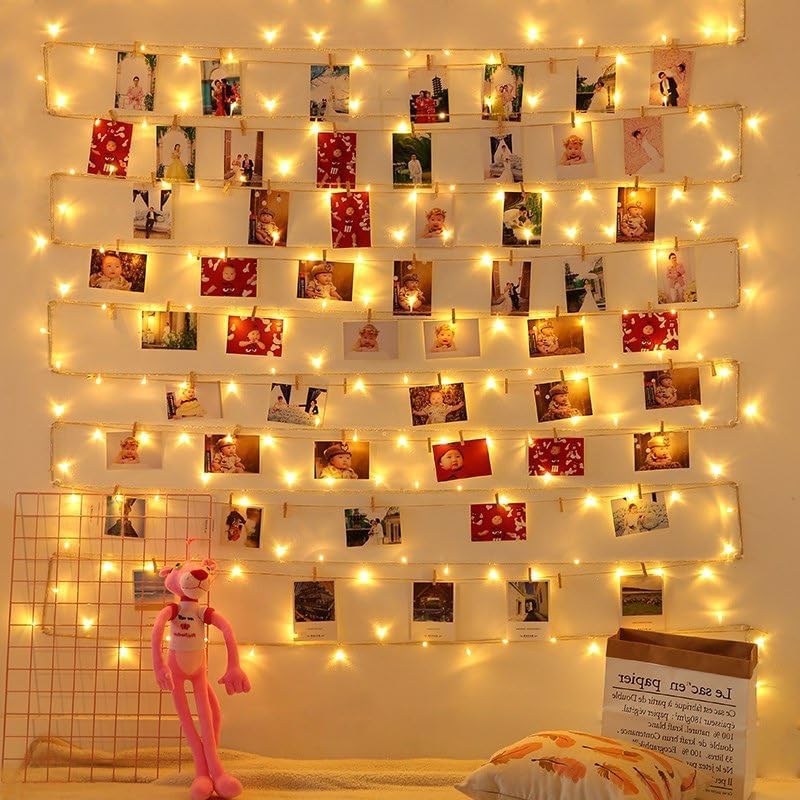 33ft Wooden Photo Clip String Lights with Remote & Timer - 100 LED Fairy Lights & 50 Painted Clothespins for Hanging Pictures - Battery Powered Twinkle Copper Wire Decor for Bedroom, Wedding, Party, Christmas, and Festival Decorations
