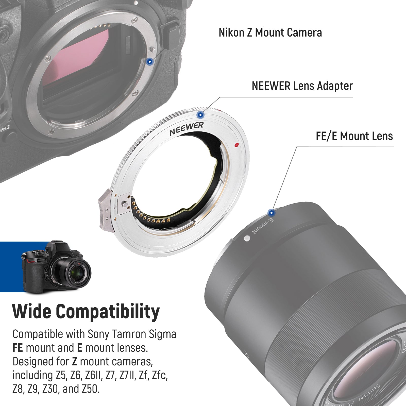 NEEWER NW ETZ Camera Autofocus Adapter Ring for Nikon Z Mount to Sony E Mount - Compatible with Nikon Z Lenses on Sony Mirrorless Cameras - Perfect for Photography & Videography