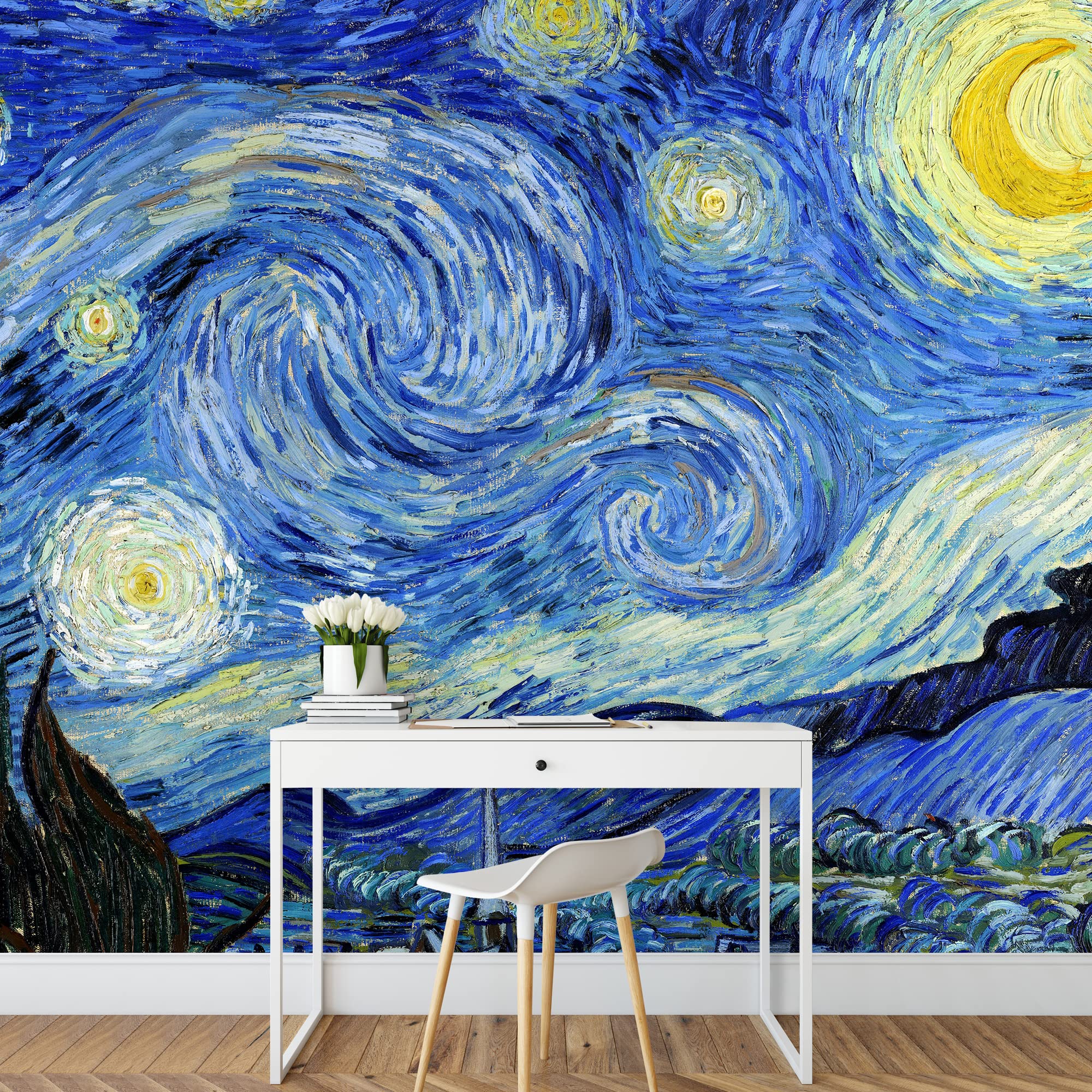 Van Gogh Starry Night Wall Mural - Large Removable Peel & Stick Wallpaper (66x96 inches) for Bedroom Decor | Famous Painting Art Stickers | Home, Office & Nursery Wall Decoration