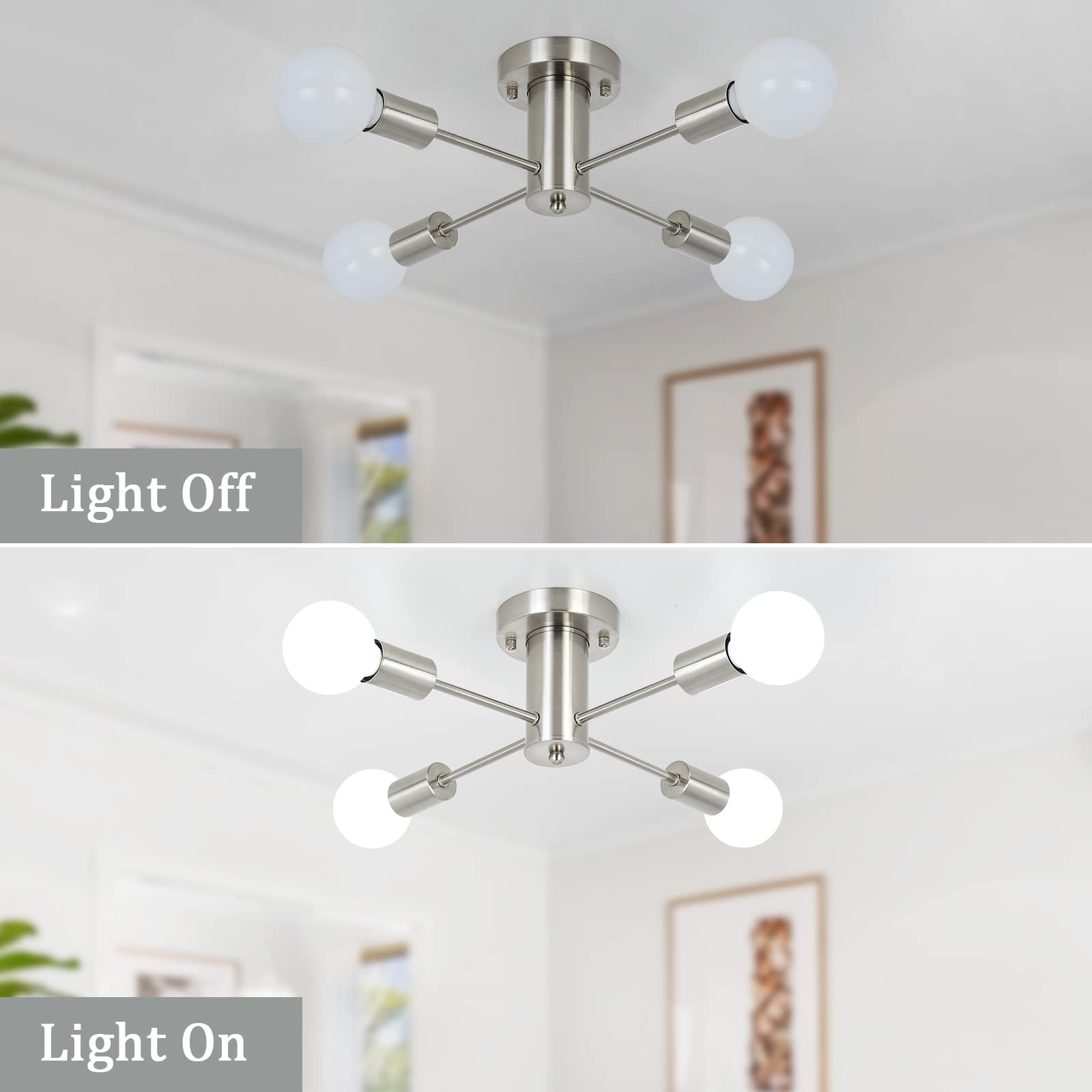 Brushed Nickel Semi Flush Mount Ceiling Light Fixture - 4-Light Farmhouse Chandelier with Chrome Accents for Kitchen, Dining Room, Living Room & Bedroom | Mid-Century Modern Design | Perfect for Farmhouse, Rustic & Contemporary Home Decor