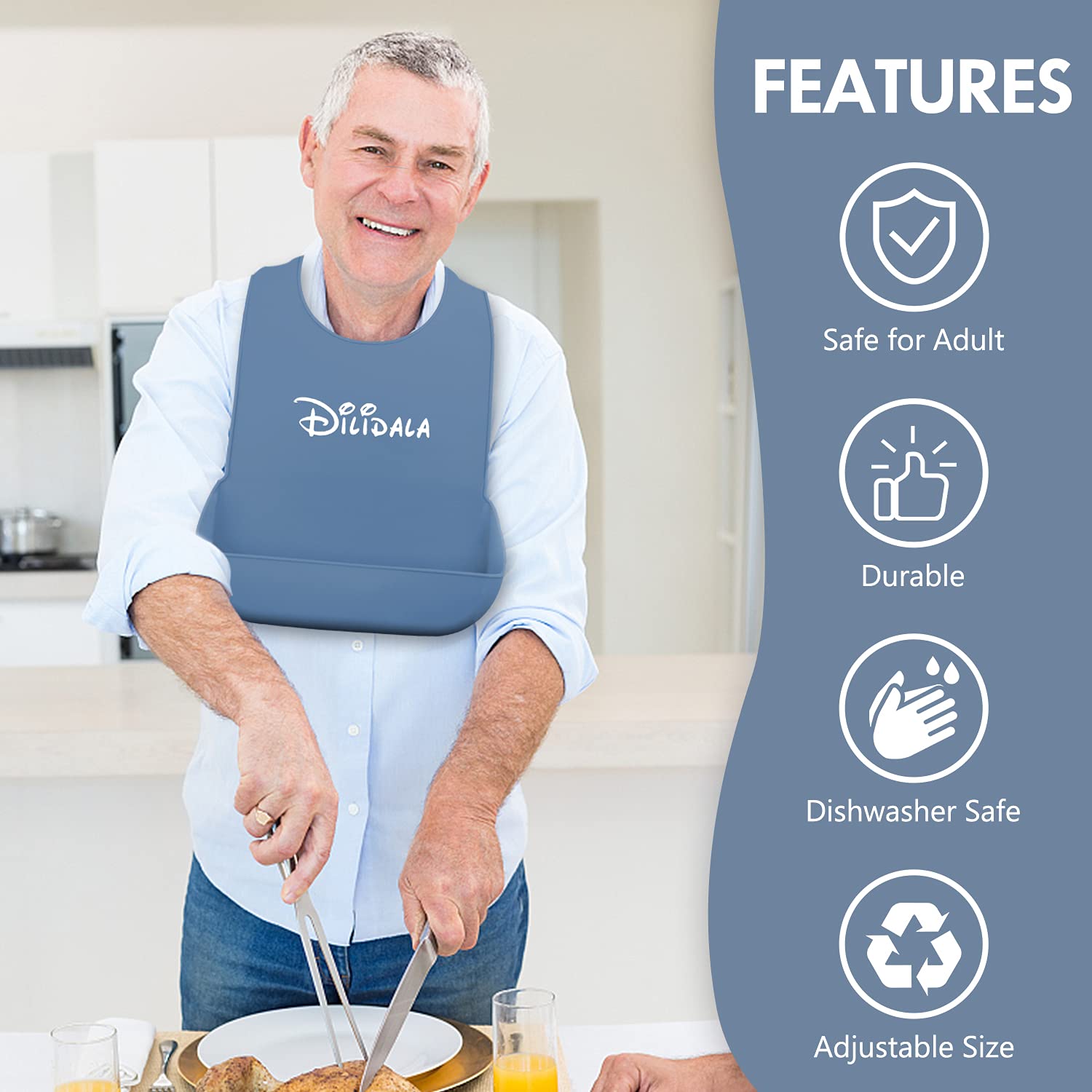 DEBON Adult Silicone Bibs - Reusable Waterproof & Washable Drool & Crumb Catcher for Elderly, Disabled & Adults - Perfect for Mealtime, Nursing Homes & Daily Care