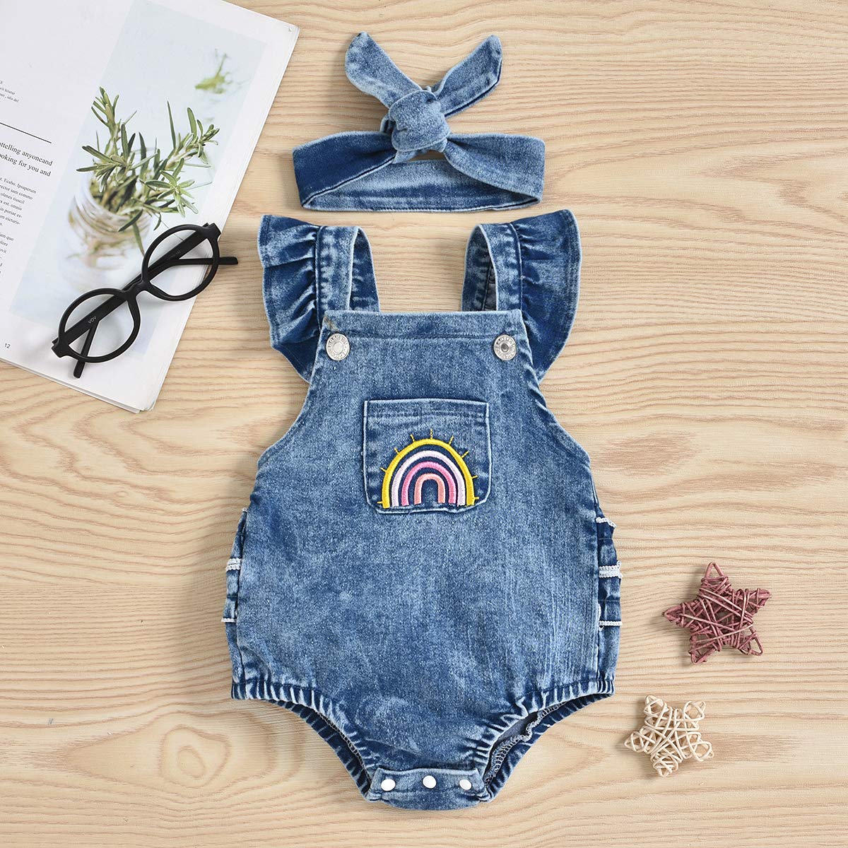 Mubineo Newborn Baby Girl Outfit Set - Rainbow Denim Romper, Bib & Headband for 0-24 Months | Cute Infant Fashion for Photos, Parties & Everyday Wear