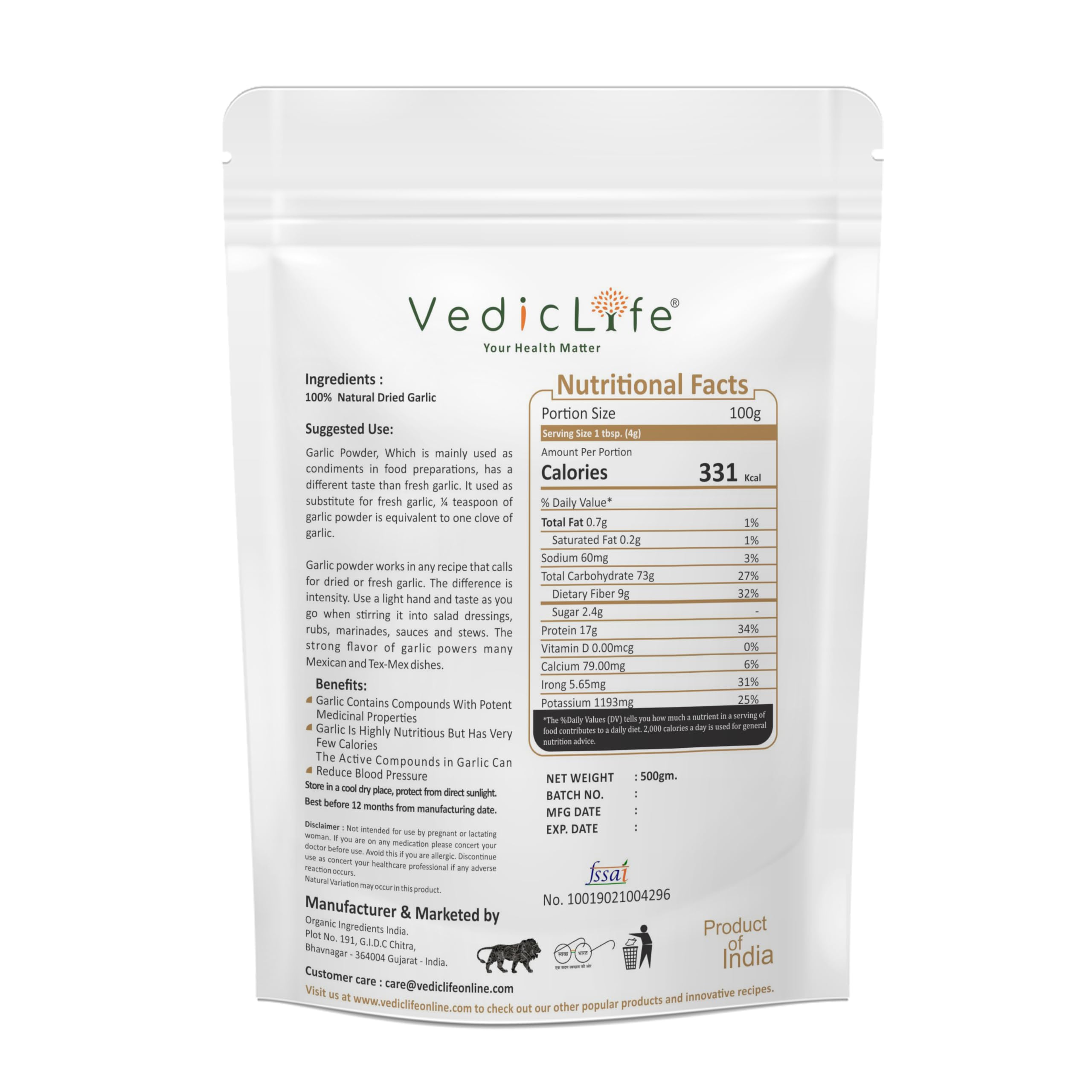 Organic Garlic Powder by Vediclife – 100% Pure, Flavorful Spice for Cooking, Heart Health & Immune Support (500g) | Perfect for Seasoning, Soups, Sauces & Homemade Remedies