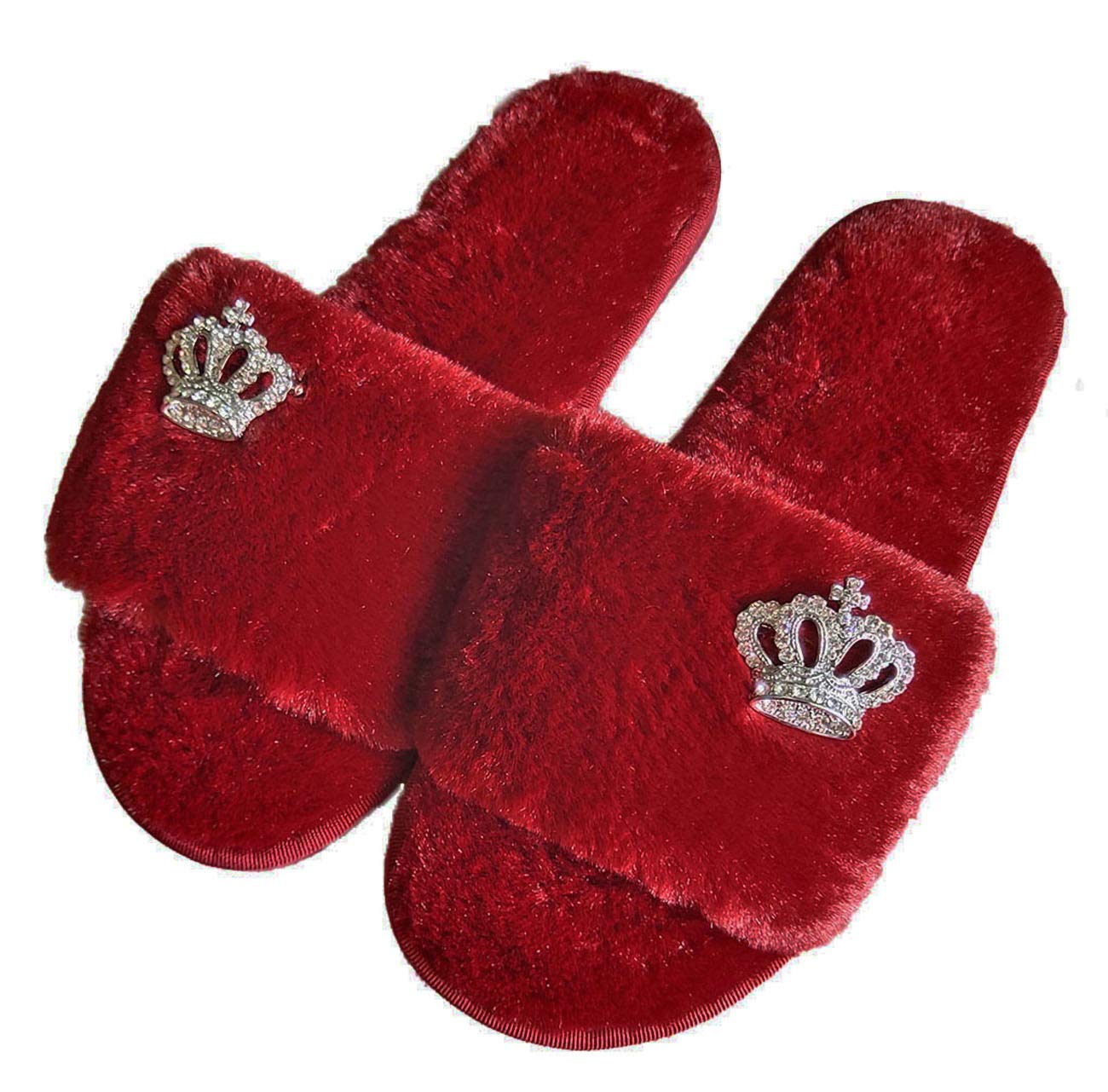 Women's Fashion Fur Slide Slippers with Bling Rhinestone Crown - Plush Open Toe House Shoes for Girls & Women - Cozy Indoor/Outdoor Slippers for Lounge, Bedroom, and Gift Giving
