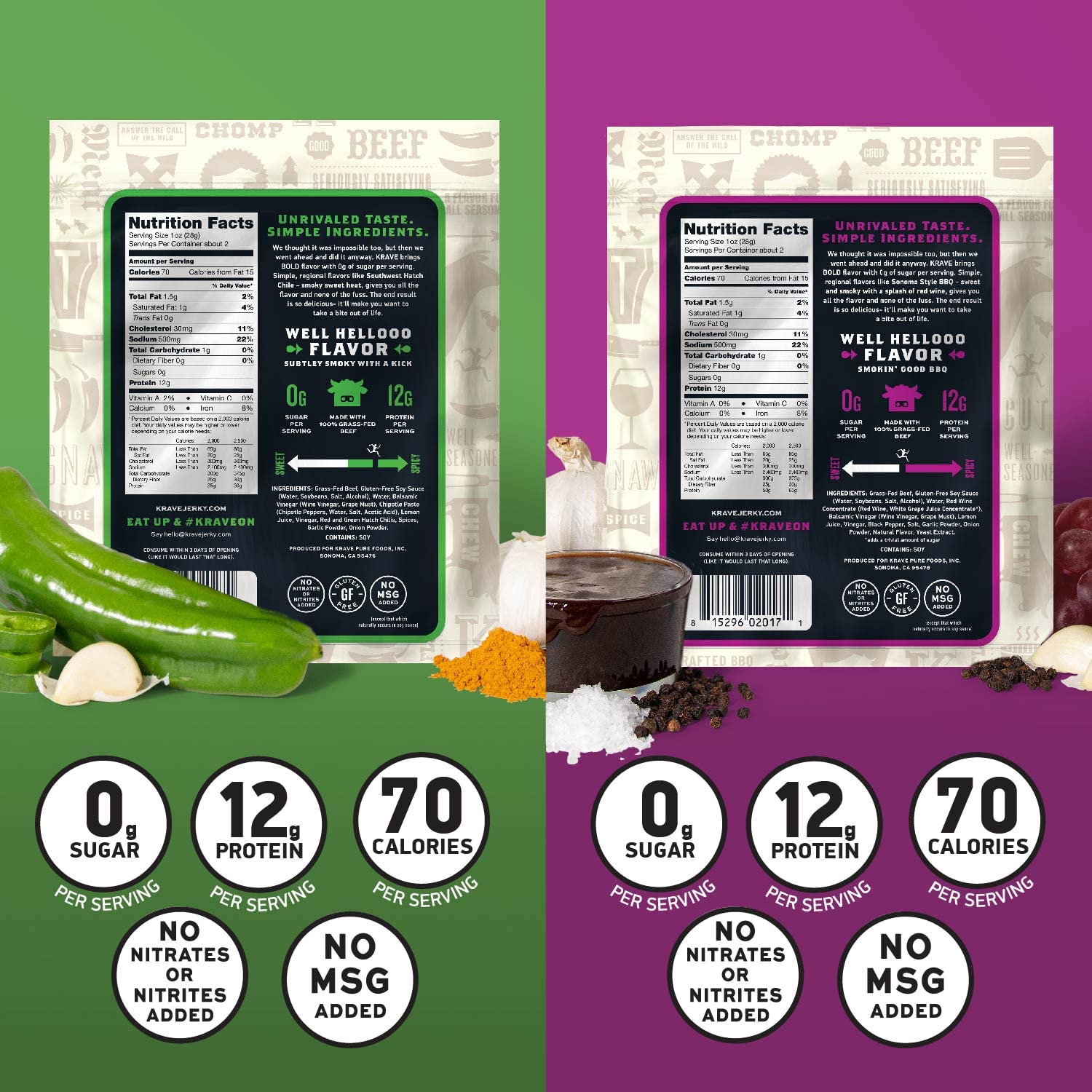 KRAVE Zero Sugar Beef Jerky - All Natural 100% Grass Fed Beef, High Protein Keto Snack, Gluten Free, Roasted for Maximum Flavor (Variety Pack, 2.1oz x 4) | Perfect for Hiking, Camping & Low Carb Diet