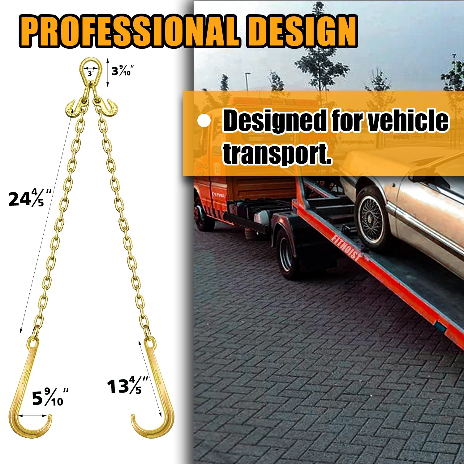 3/8In x 2Ft Grade 80 V-Bridle Towing Chain with J Hooks & Grab Hooks | 7,100LBS Safe Working Load | Heavy Duty Flatbed Truck, Rollback Wrecker & Carrier Transport | Perfect for Vehicle Recovery, Towing & Off-Road Hauling