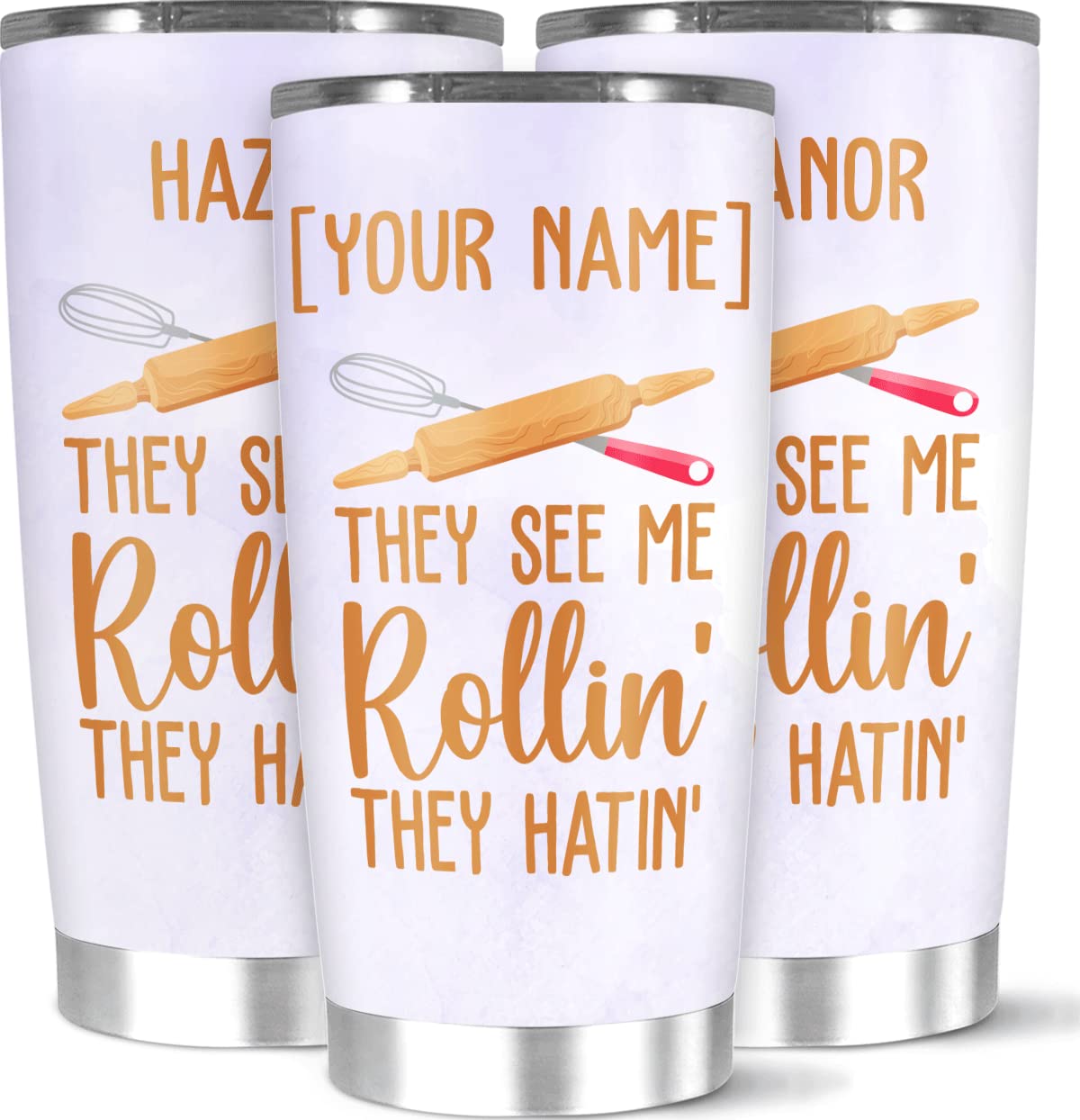 Personalized Coffee Tumblers 20oz & 30oz - Custom Name Insulated Travel Mug with 'They See Me Rolling They Hating' Design - Perfect Christmas Gift for Bakers, Baking Lovers, Men & Women - Great for Coffee, Tea & Hot/Cold Drinks On-The-Go