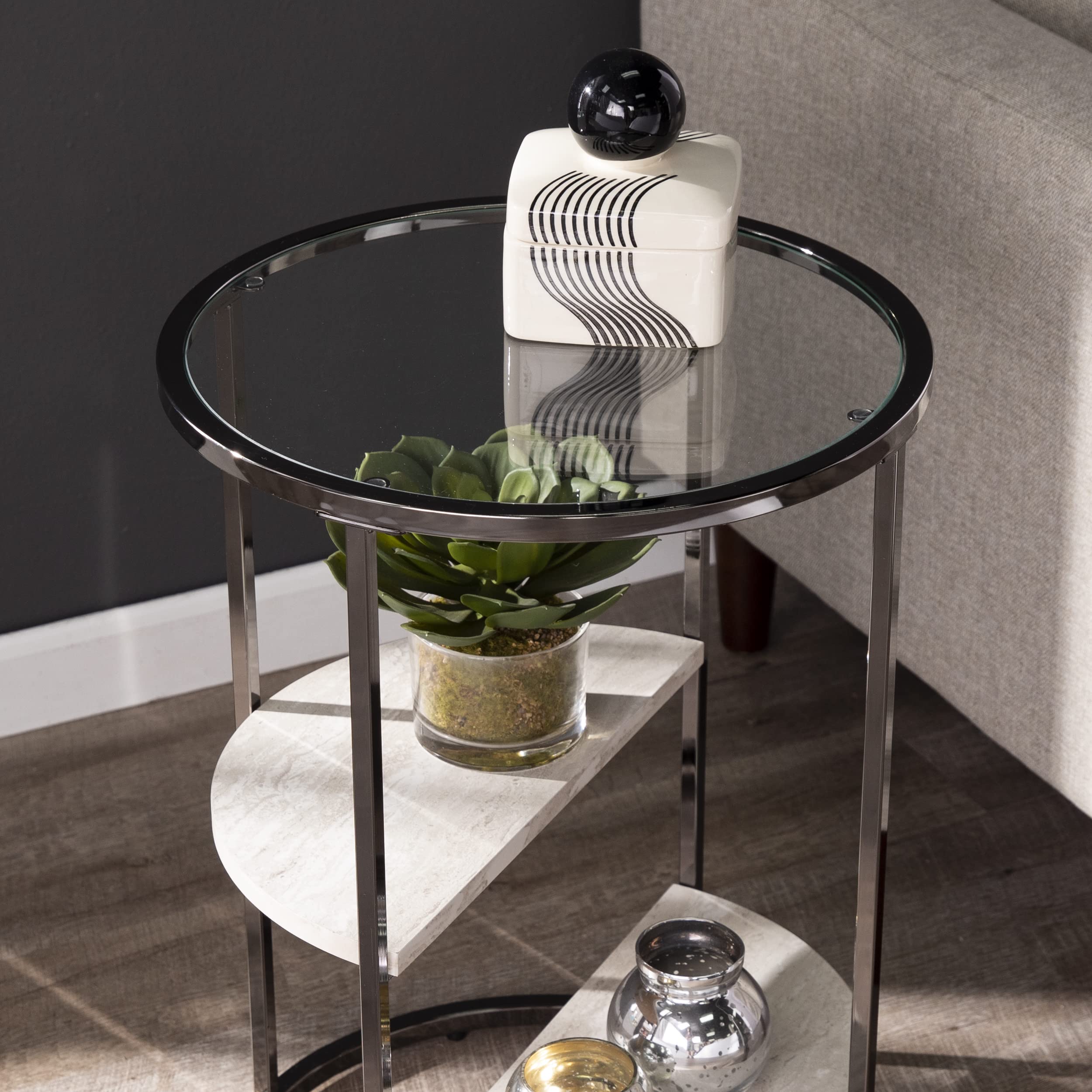 SEI Furniture Ledermore Round Side Table with Faux Stone Top - Black End Table for Living Room, Bedroom, or Office Decor