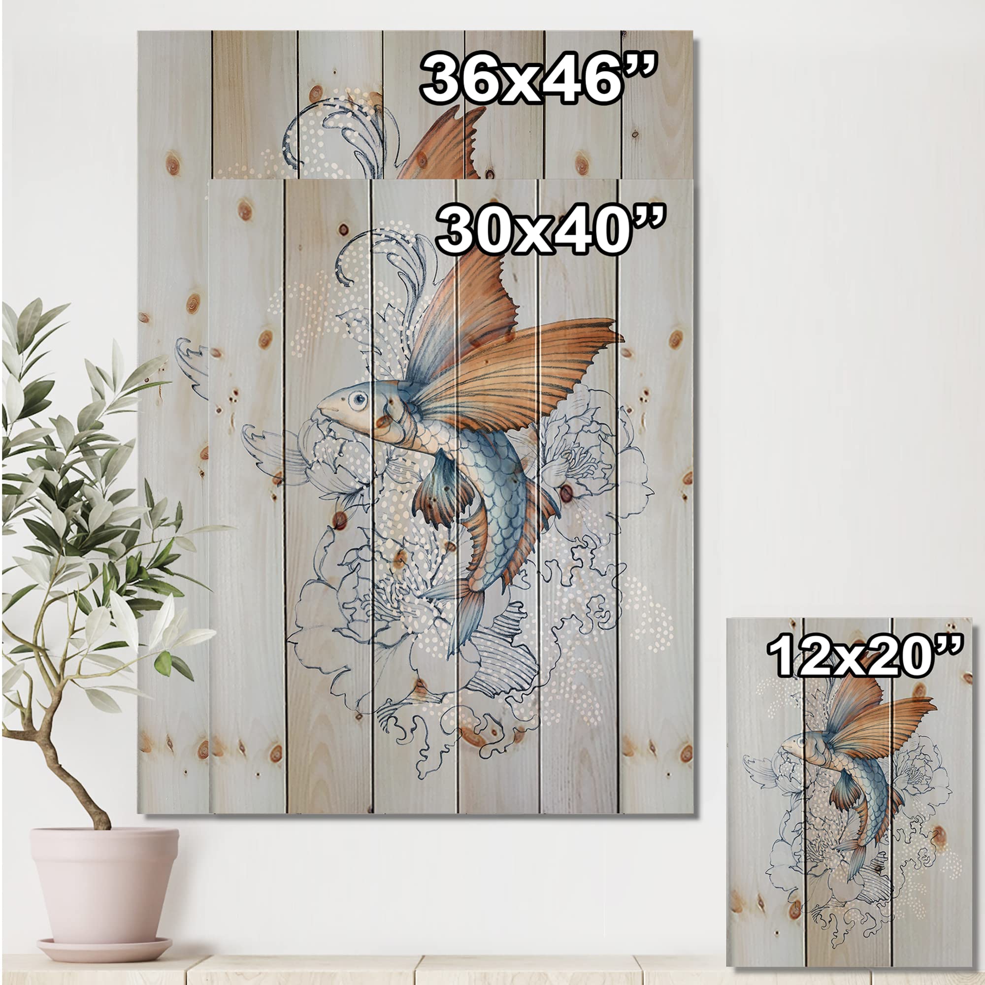 DesignQ Flying Fish On Peonies Traditional Blue Wood Wall Art - Handcrafted Pine Wood Wall Decor with Large Animal Prints - Perfect for Living Room, Bedroom & Office Decoration
