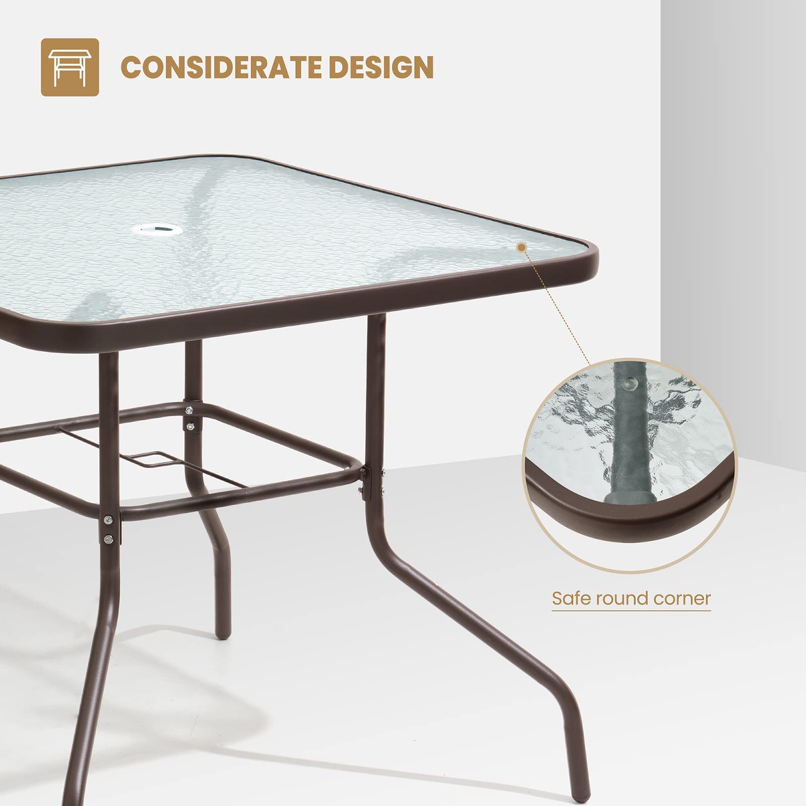 Premium Outdoor Dining Table for 4 - Square Patio Table with Umbrella Hole | Durable Tempered Glass & Metal Bistro Set for Garden, Deck, Backyard, Lawn (Brown) | Perfect for Al Fresco Dining & Outdoor Entertaining