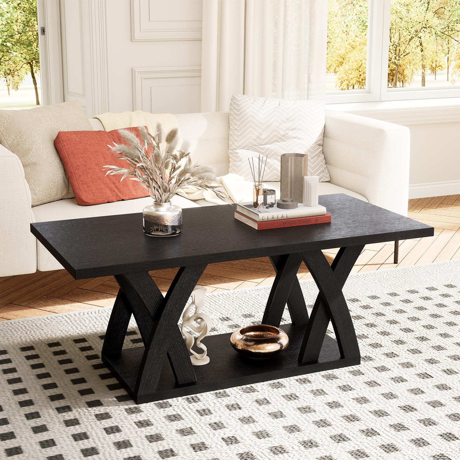 Rustic Farmhouse Coffee Table with Shelf - 47
