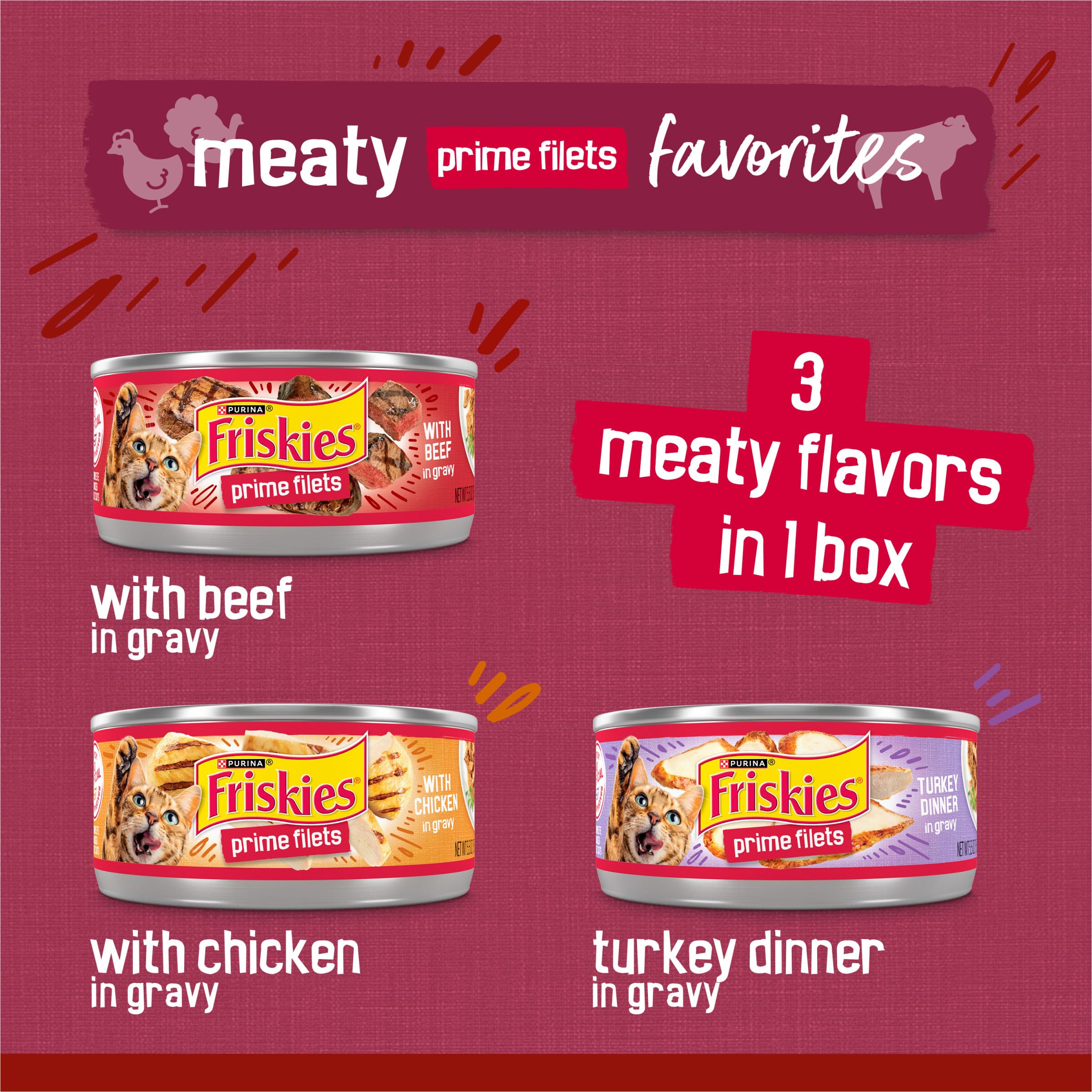 Purina Friskies Gravy Wet Cat Food Variety Pack - Prime Filets Meaty Favorites (24 Pack, 5.5 oz Cans) - Delicious & Nutritious Wet Food for Adult Cats - Perfect for Mealtime, Treats & Picky Eaters