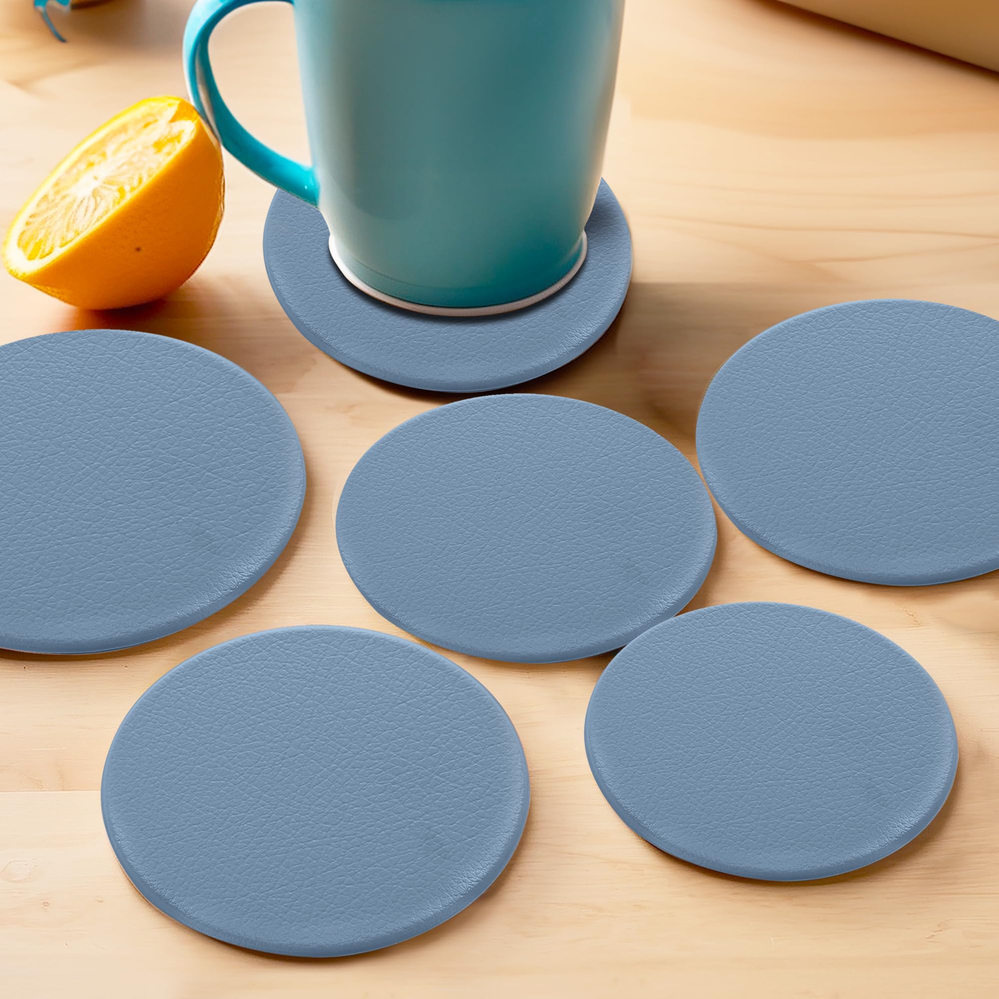UMAI Tea Coaster Set of 6 with Stand - 10cm Diameter, 2mm Thick Non-Slip Coasters for Dining Table | Heat Resistant Drink Mats for Hot Pots & Mugs | Perfect Housewarming Gift & Kitty Party Favors for Women (Blue) | Ideal for Tea Parties, Coffee Tables & Home Decor