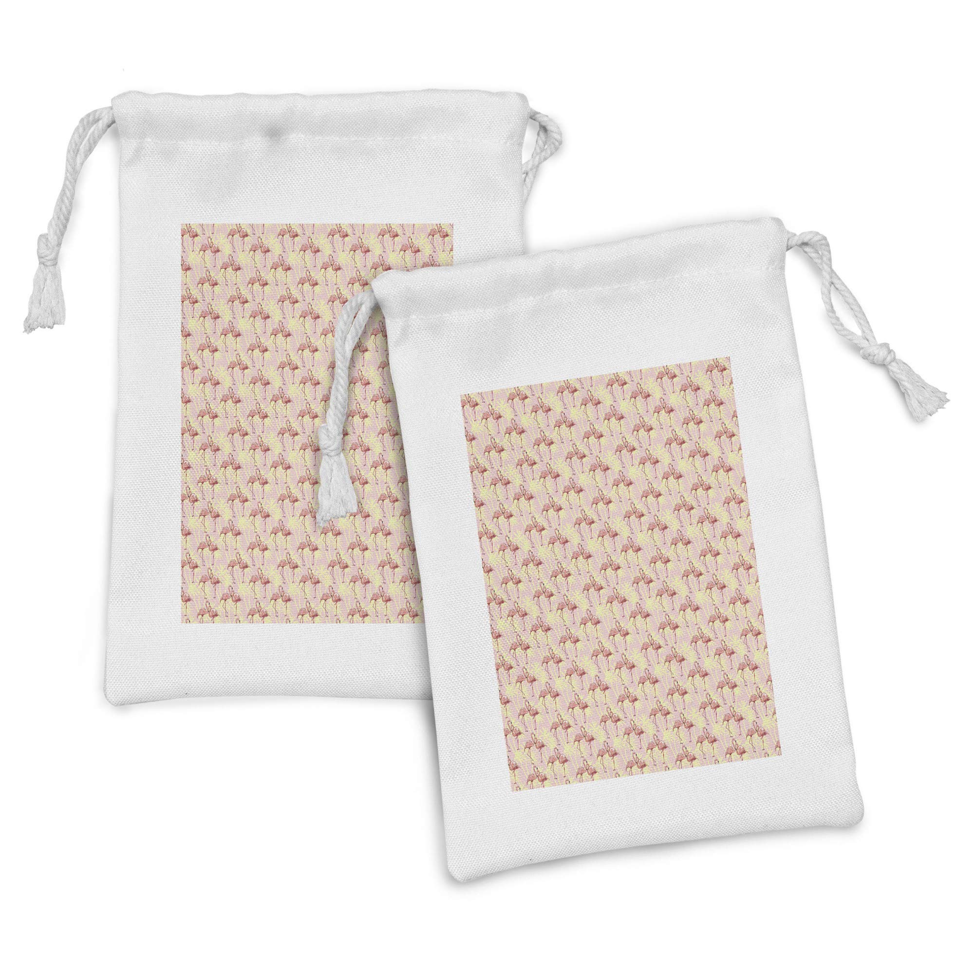 Ambesonne Flamingo Fabric Pouch Set of 2 - Tropical Palm Leaves Print Drawstring Bags for Toiletries, Makeup, Travel Essentials & Party Favors (9