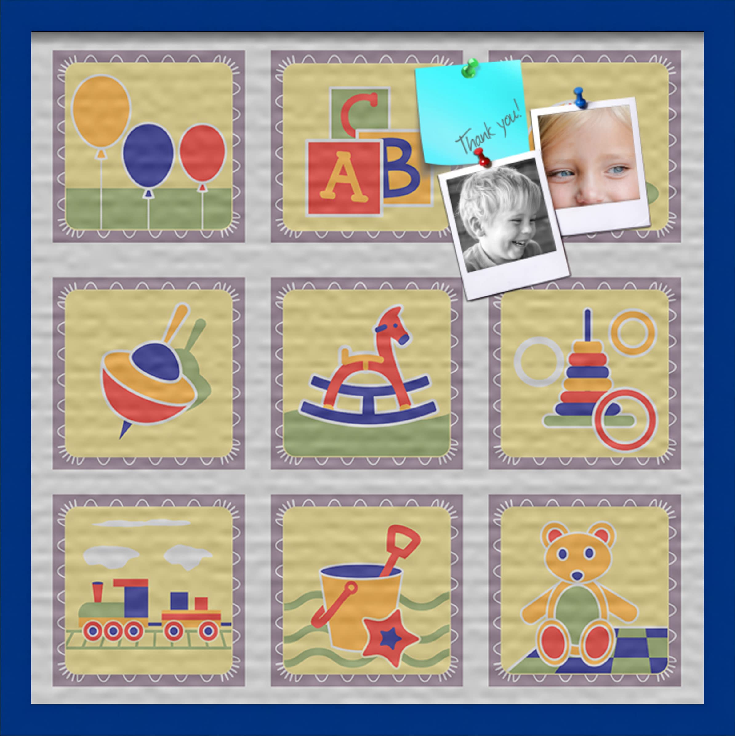 PinPix 24x24 Inch Decorative Cork Bulletin Board - Canvas Nursery Toy Blocks Print, Blue Stained Beech Frame - Perfect for Kids' Rooms, Home Offices & Classroom Decor (PinPix-8)