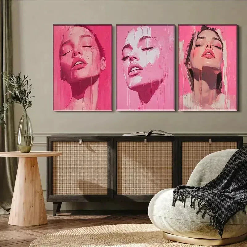 3pcs Pink Female Portrait Triptych Wall Art Set - Framed Canvas 40x60cm (16x24in) - High Quality Print - 100% Australian Made - Ready to Hang - Perfect for Living Room, Bedroom & Office Decor