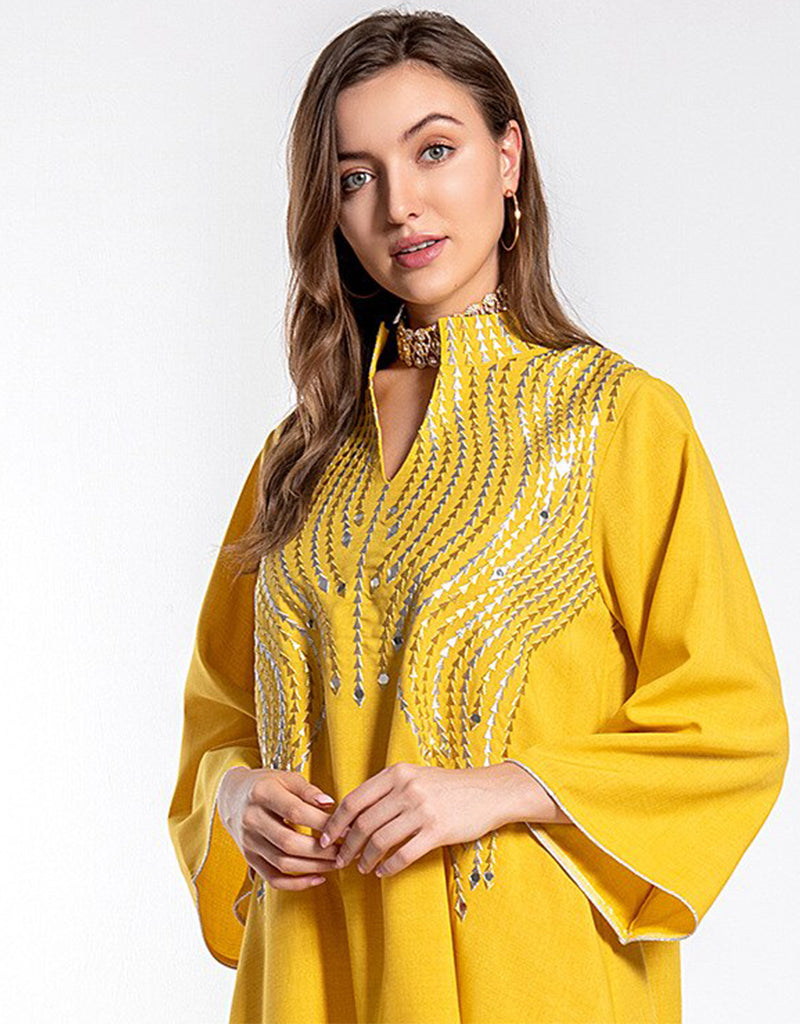 Elegant Long Arabic Dress for Women - Evening Party Gown with Embroidery & Beading - Perfect for Weddings, Galas & Special Occasions