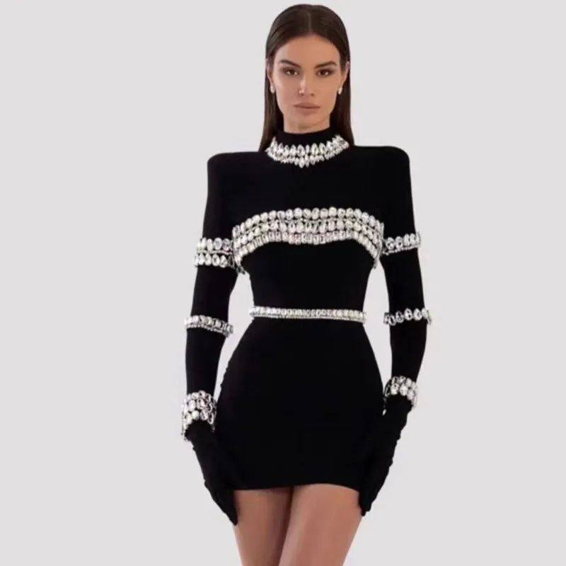 2023 New Winter Black Women's Long Sleeve Bodycon Mini Dress with Crystal Details - Elegant Bandage Party Dress for Evening Events, Night Out, Club Wear & Special Occasions