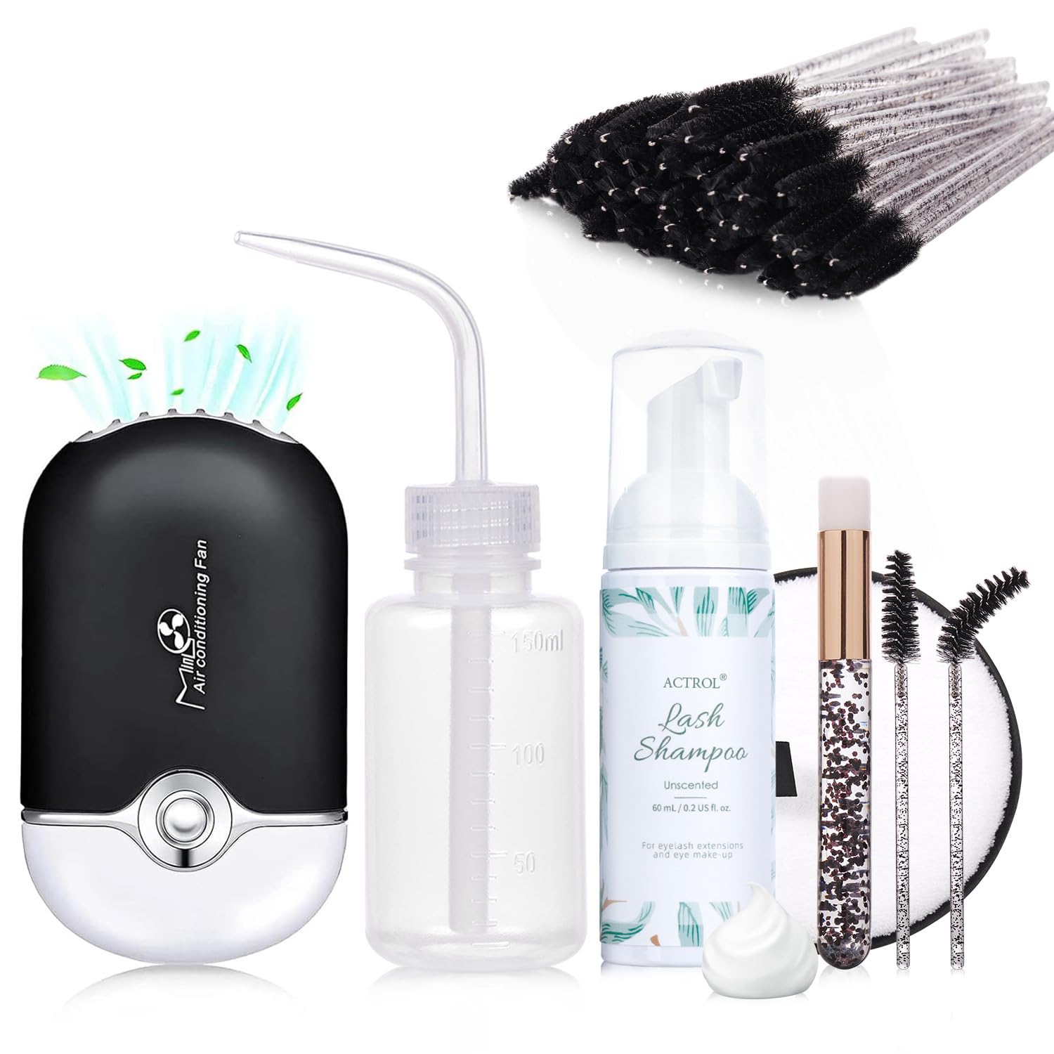 Professional Eyelash Extension Shampoo Kit - 60ml Unscented Lash Cleanser with Black Lash Fan | Paraben & Sulfate Free, Non-Irritating Foaming Eyelid Cleanser | Perfect for Salon & Home Lash Care