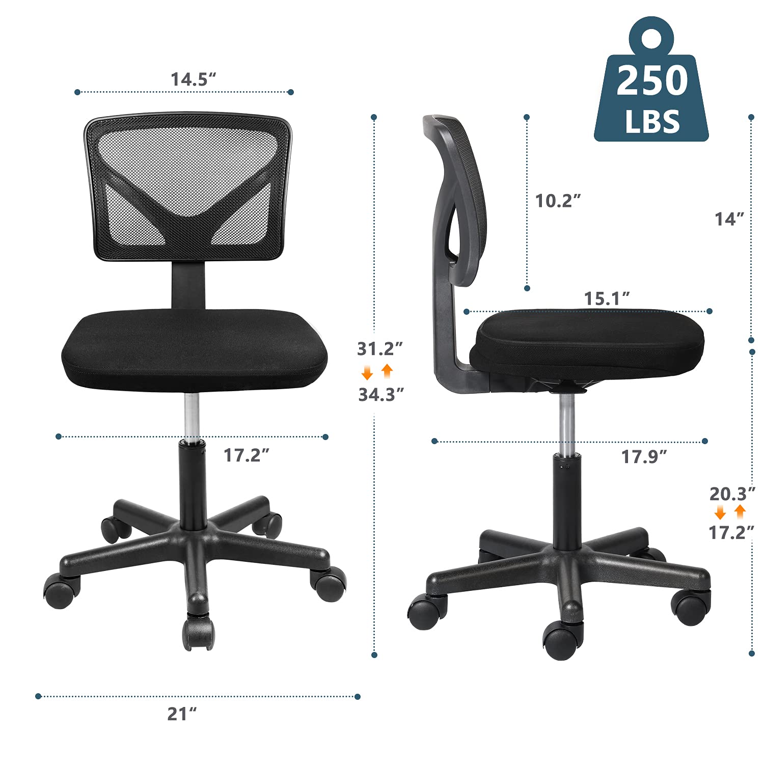 Yangming Armless Mesh Office Chair - Adjustable Swivel Task Chair with Mid Back Support, Black Computer Desk Chair for Small Spaces | Perfect for Home Office, Study & Workspace